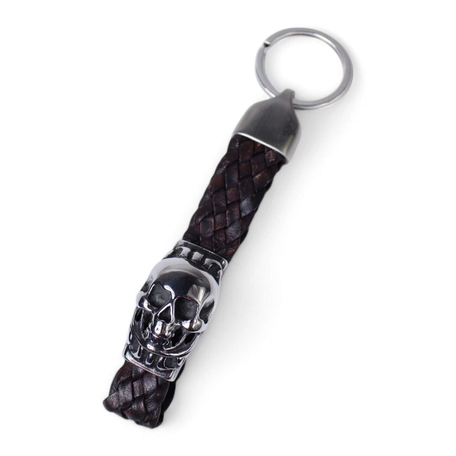 FRONHOFER Schlüsselanhänger 19370, Schlüsselanhänger aus geflochtenem Leder, großer Totenkopf, Edelstahl