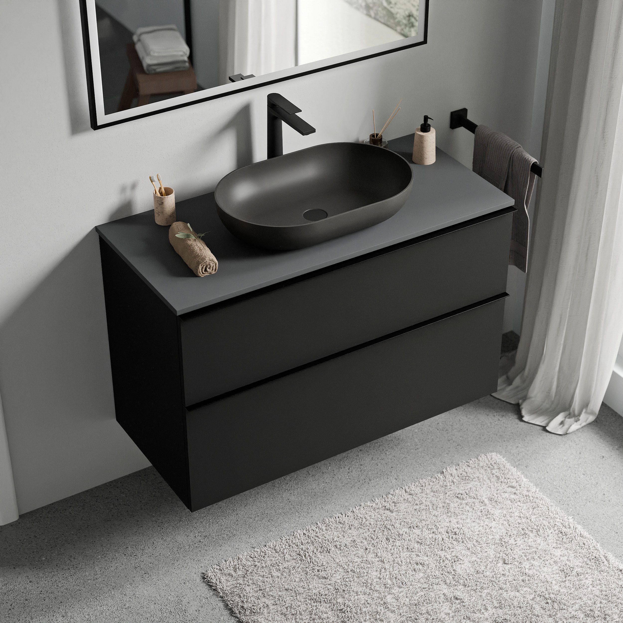 Bernstein Waschbeckenunterschrank LAVOA 80cm Schwarz matt Unterschrank Aufsatzbecken Platte Anthrazit matt Griff Schwarz matt