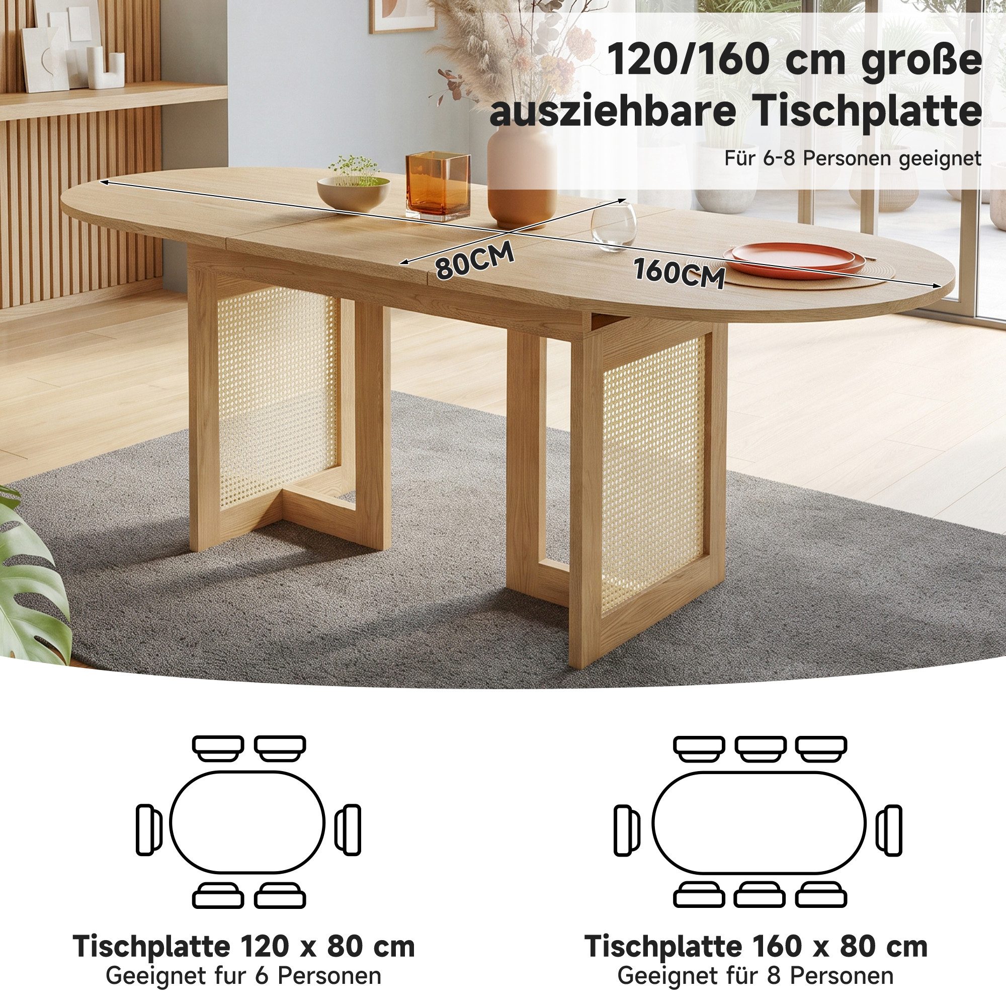 BlingBin Esstisch Ausziehbarer Esstisch mit Verdickte Tischplatte (120/160 x 80 cm, Geeignet für 6–8 Personen, 1-St., Tragendes Gewicht: 60kg, Tischbeine aus Rattan), Minimalistischer Teleskoptisch für Esszimmer Wohnzimmer, Eichenfarbe