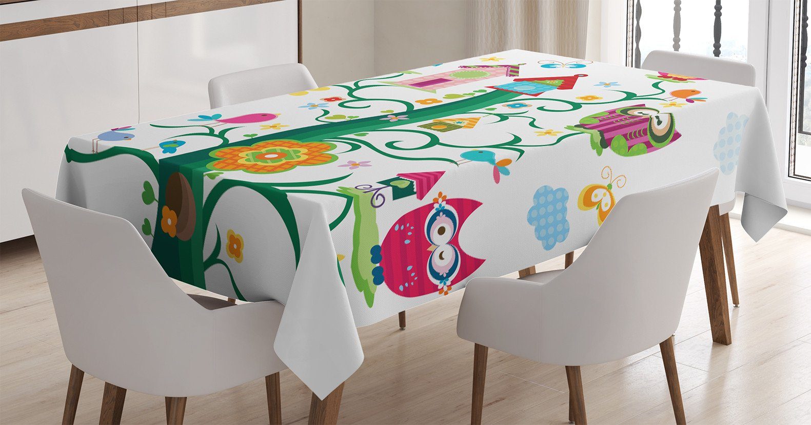 Abakuhaus Tischdecke Farbfest Waschbar Für den Außen Bereich geeignet Klare Farben, Bunt Eulen auf Baum mit Punkten