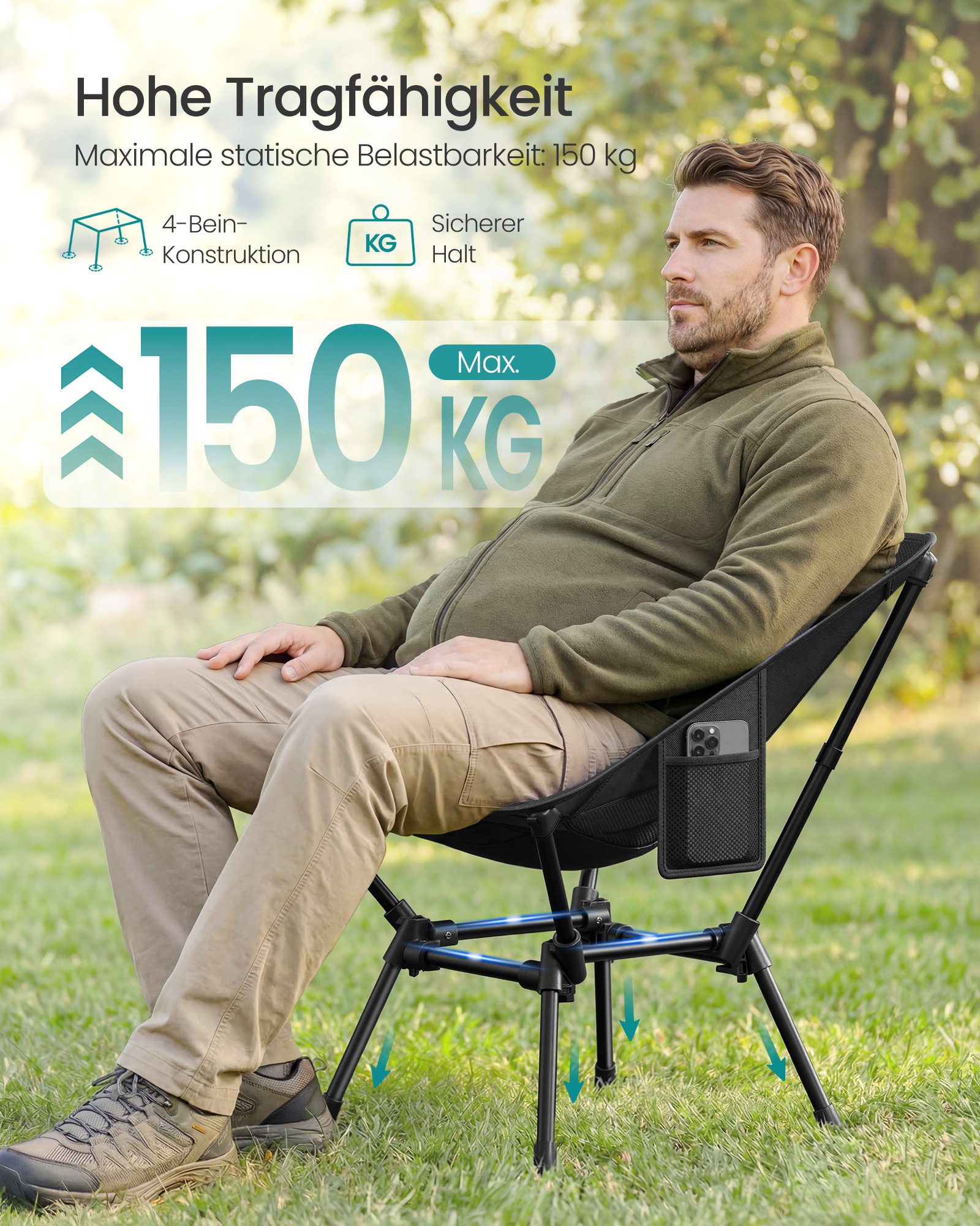 SONGMICS Campingstuhl Gartenstuhl, Klappstuhl, bis 150KG belastbar, klappbar mit verstellbarer Höhe, Stahlrahmen, Kopfstütze, 1er/2er Set