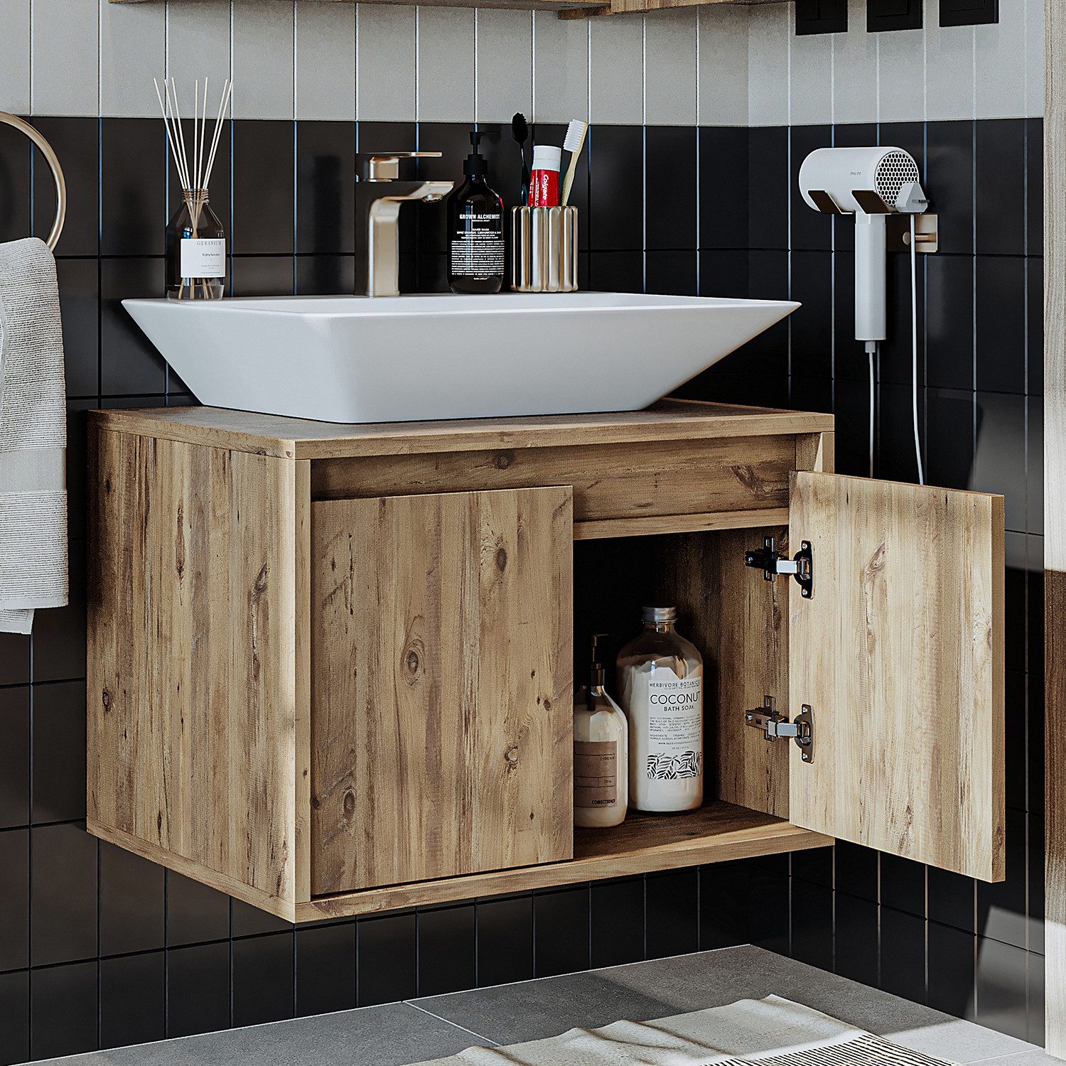 Roomart Badmöbel-Set ATLANTIC 65 cm 2 teilig, Keramikbecken inkl., Soft-Close, 5 Farben, (Komplett-Set, Waschtisch mit Unterschrank Badmöbel), Soft-Close, Wandmontage, Aufsatzbecken, 5 Farben