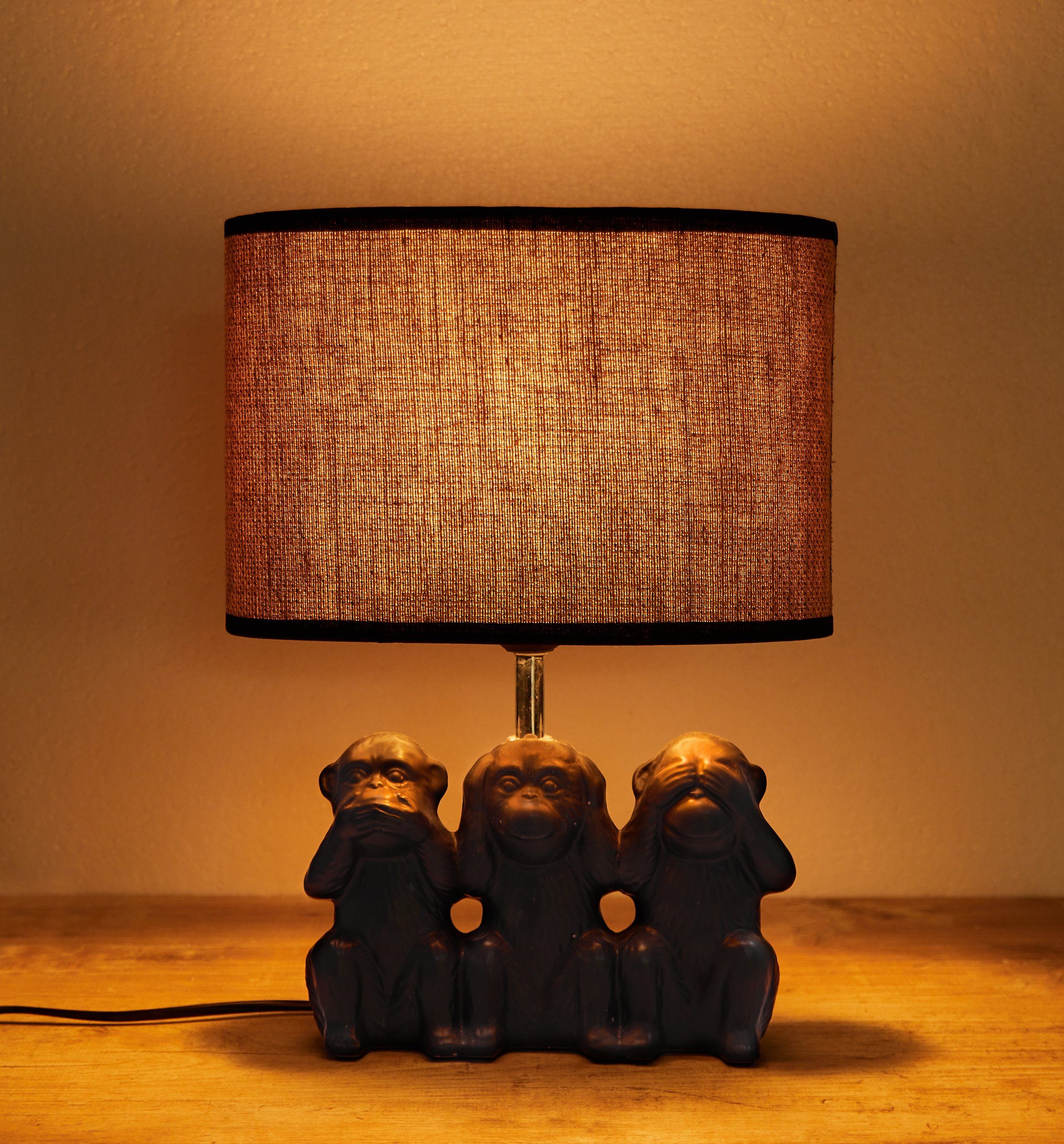 Motiv ohne Höhe 35,5 Affen Keramikfuß, mit Smileys, Tischlampe, Lampe Leuchtmittel, Nachttischlampe cm Drei BRUBAKER Tischleuchte