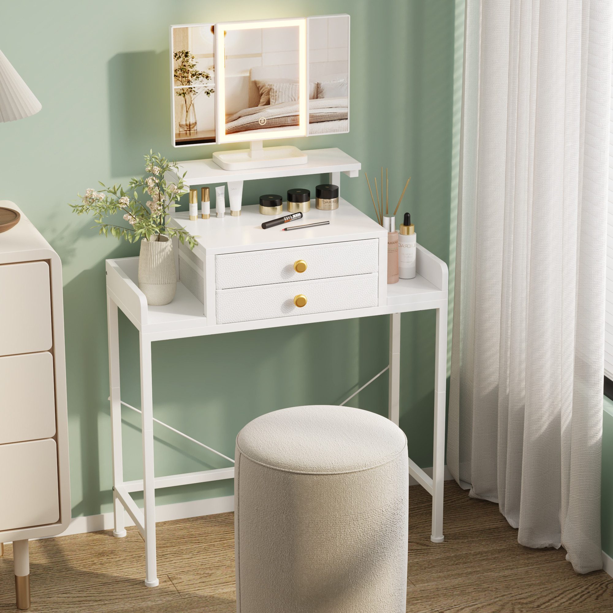 OYRREU Schminktisch inkl. 3-fach Spiegel mit Beleuchtung, Schreibtisch, Beistelltisch weiß (Schminkkommode 1-St), Kosmetiktisch, Stoffschubladen, platzsparend, Kompaktes Design