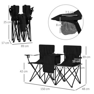 Outsunny Campingstuhl Doppel Gartenstuhl mit Tisch, Getränkehalter, Staufächer (Doppel Klappstuhl, 1 St), für 2 Personen, für Rasen, Strand, Schwarz