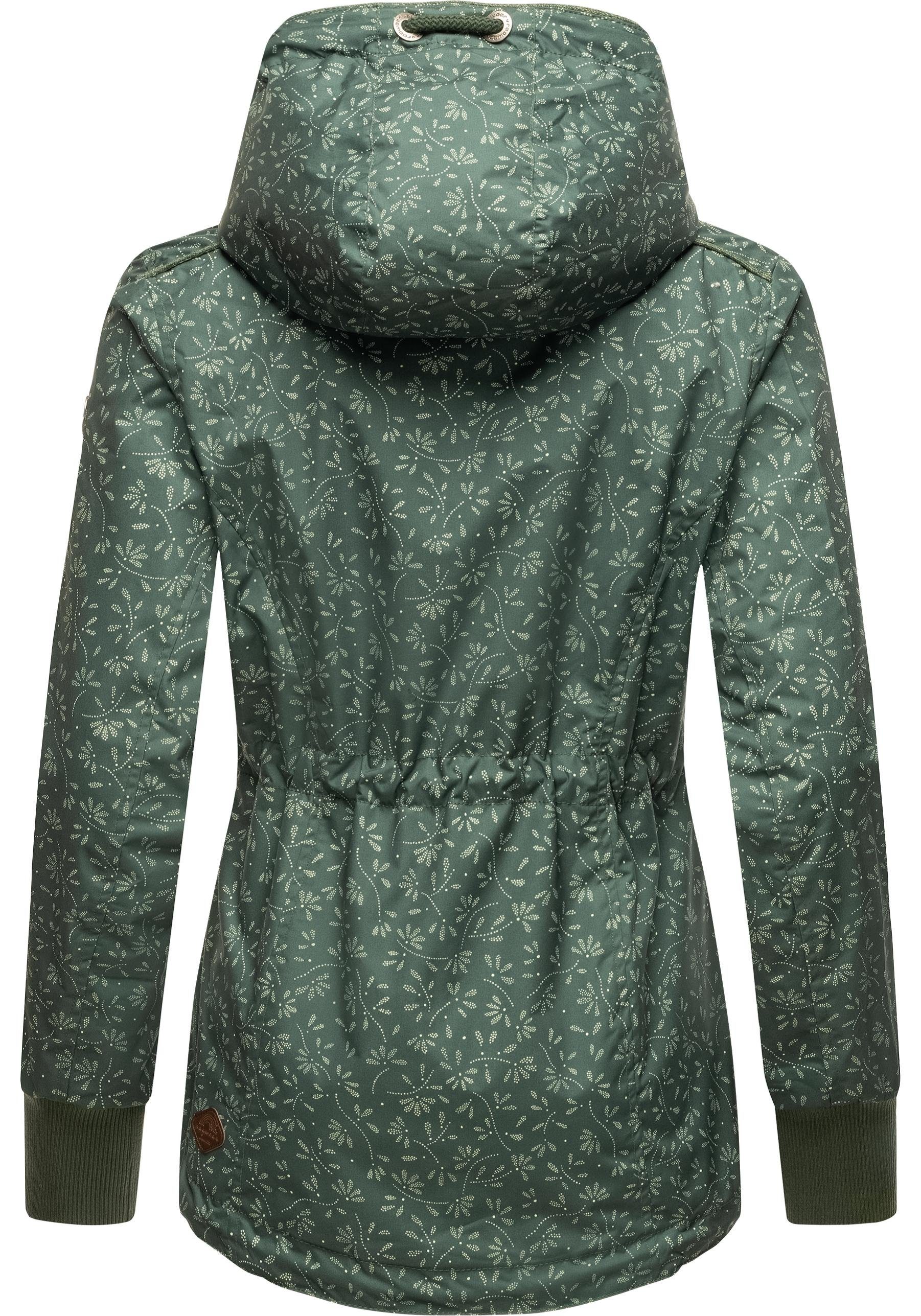 Übergangsjacke Bloom Outdoorjacke Ragwear Print Danka Kapuze und dunkelgrün stylische mit