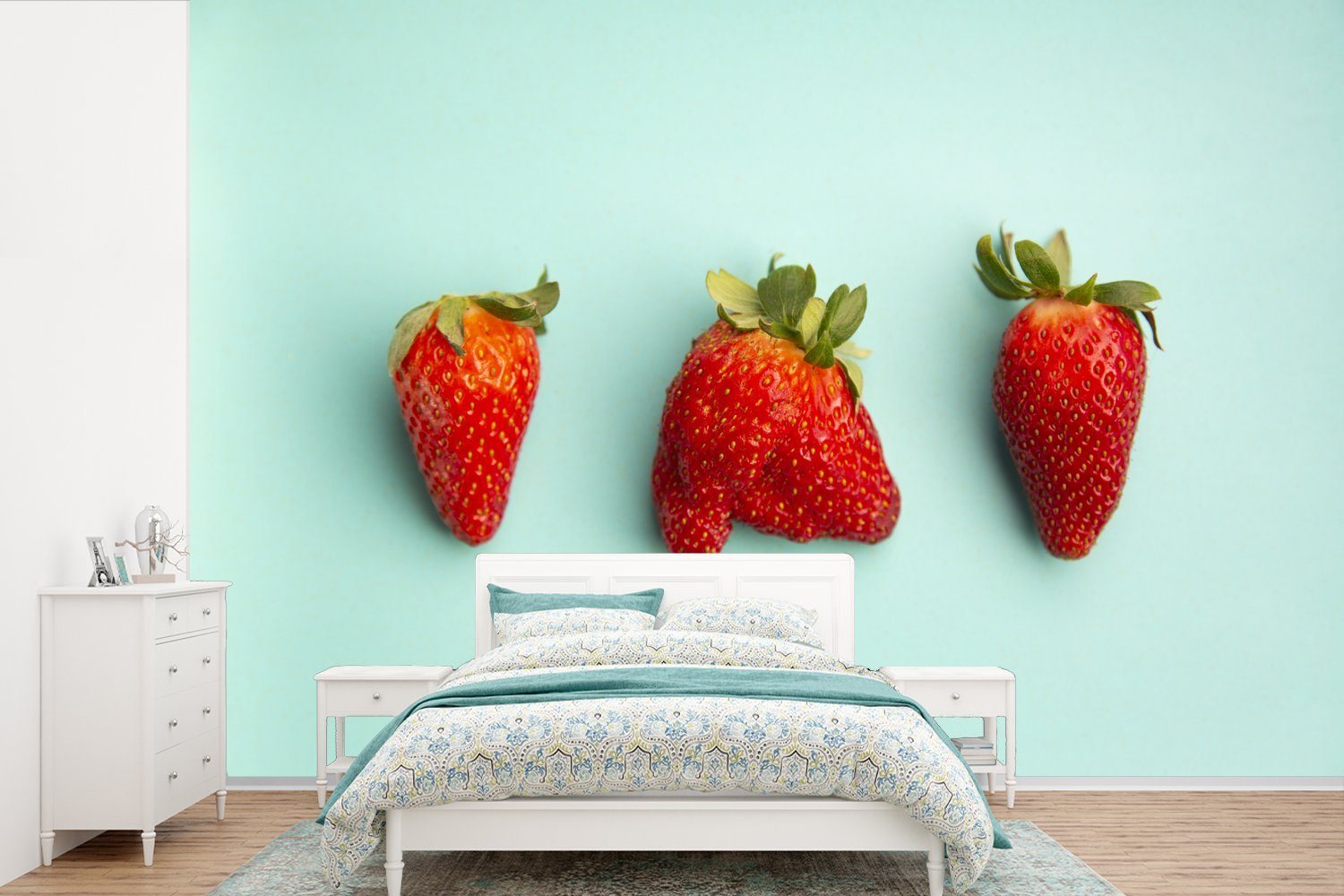 MuchoWow Fototapete Erdbeere - Pastell - Blau, Matt, bedruckt, (6 St), Wallpaper für Wohnzimmer, Schlafzimmer, Kinderzimmer, Vinyl Tapete