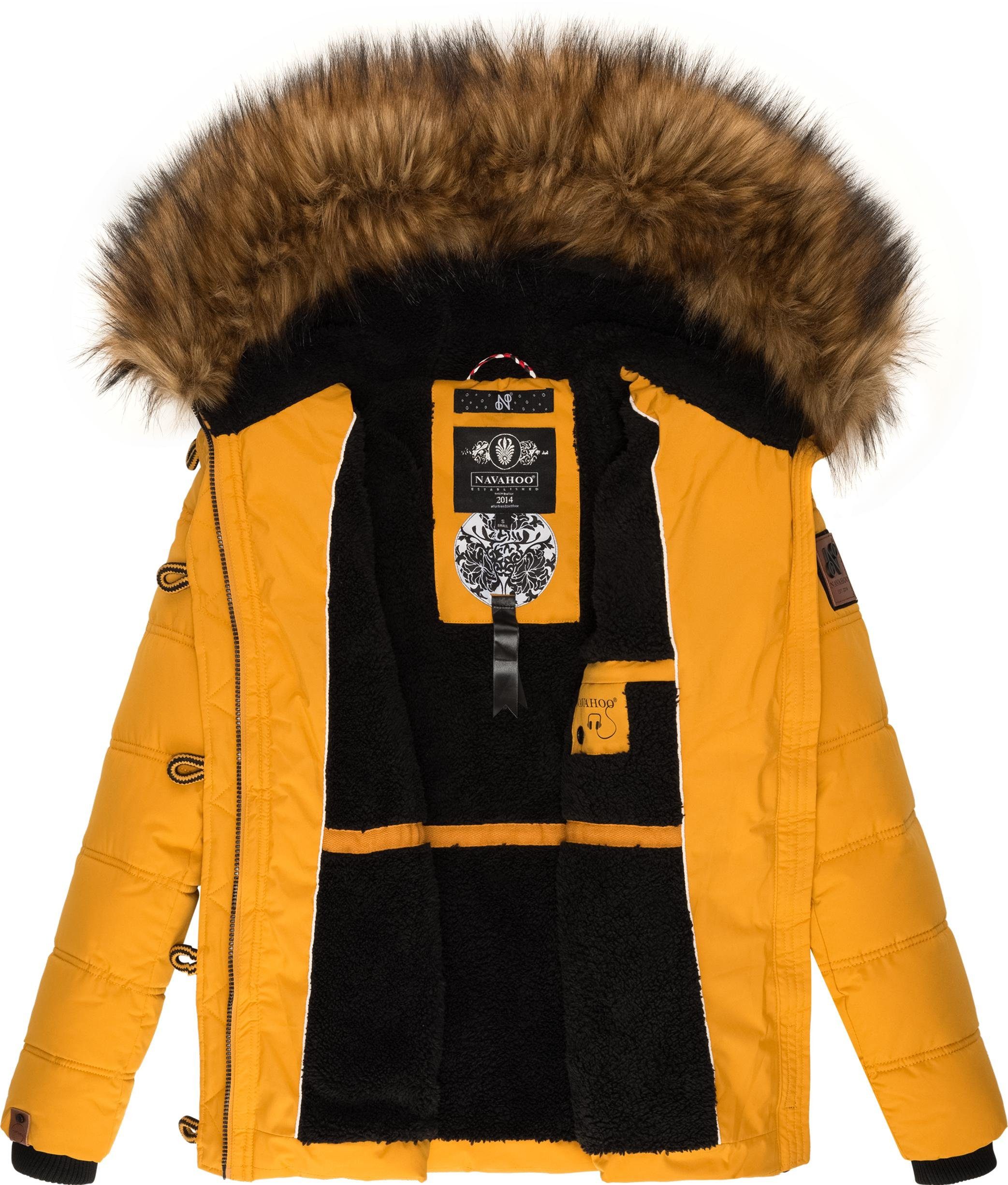 Zoja Steppjacke Navahoo stylische Winterjacke Kapuze mit gelb Kunstpelz