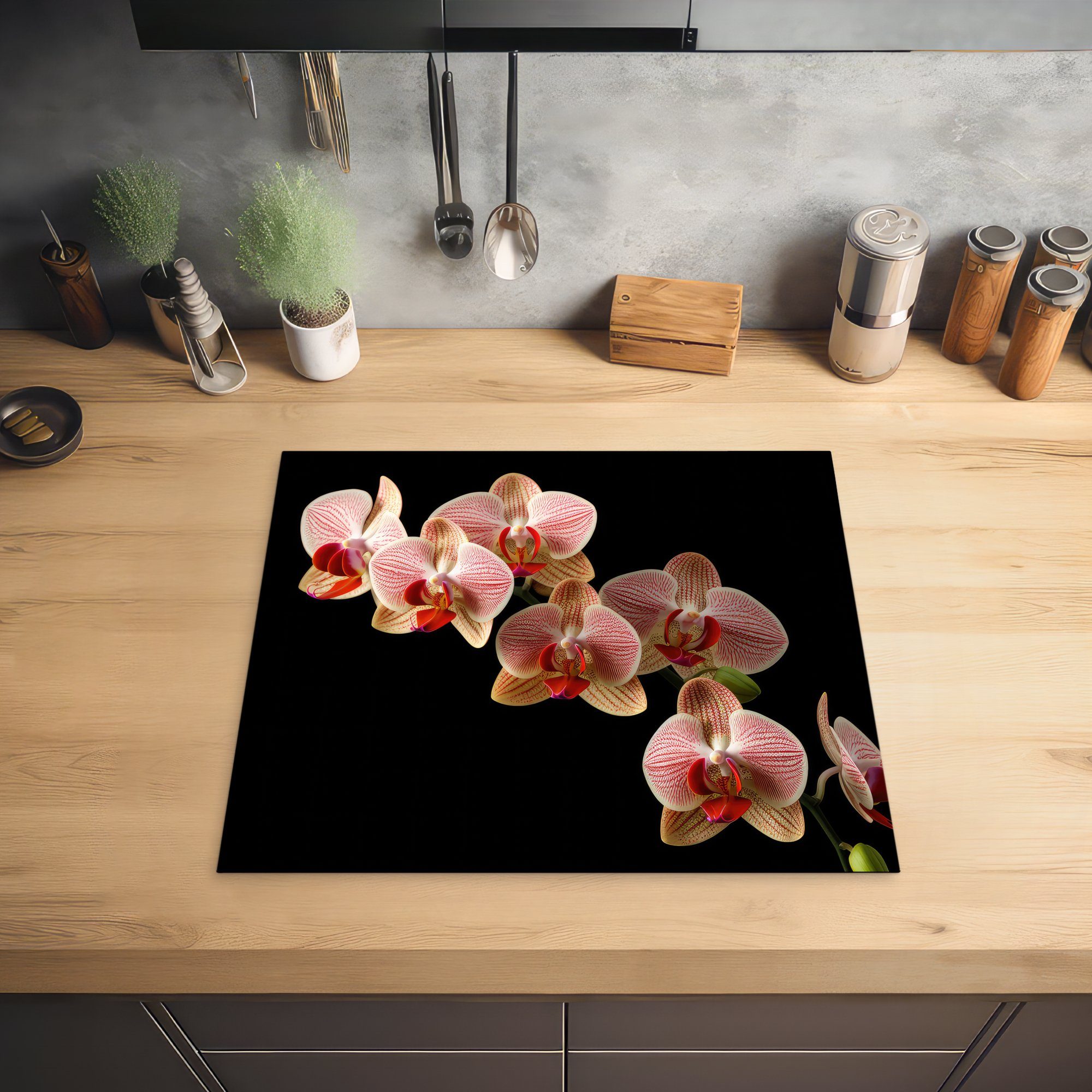 MuchoWow Herdblende-/Abdeckplatte Blumen Vinyl, cm, nutzbar, - (1 Orchidee Botanisch - Ceranfeldabdeckung - Arbeitsfläche Rosa tlg), Mobile 60x52 Natur, 