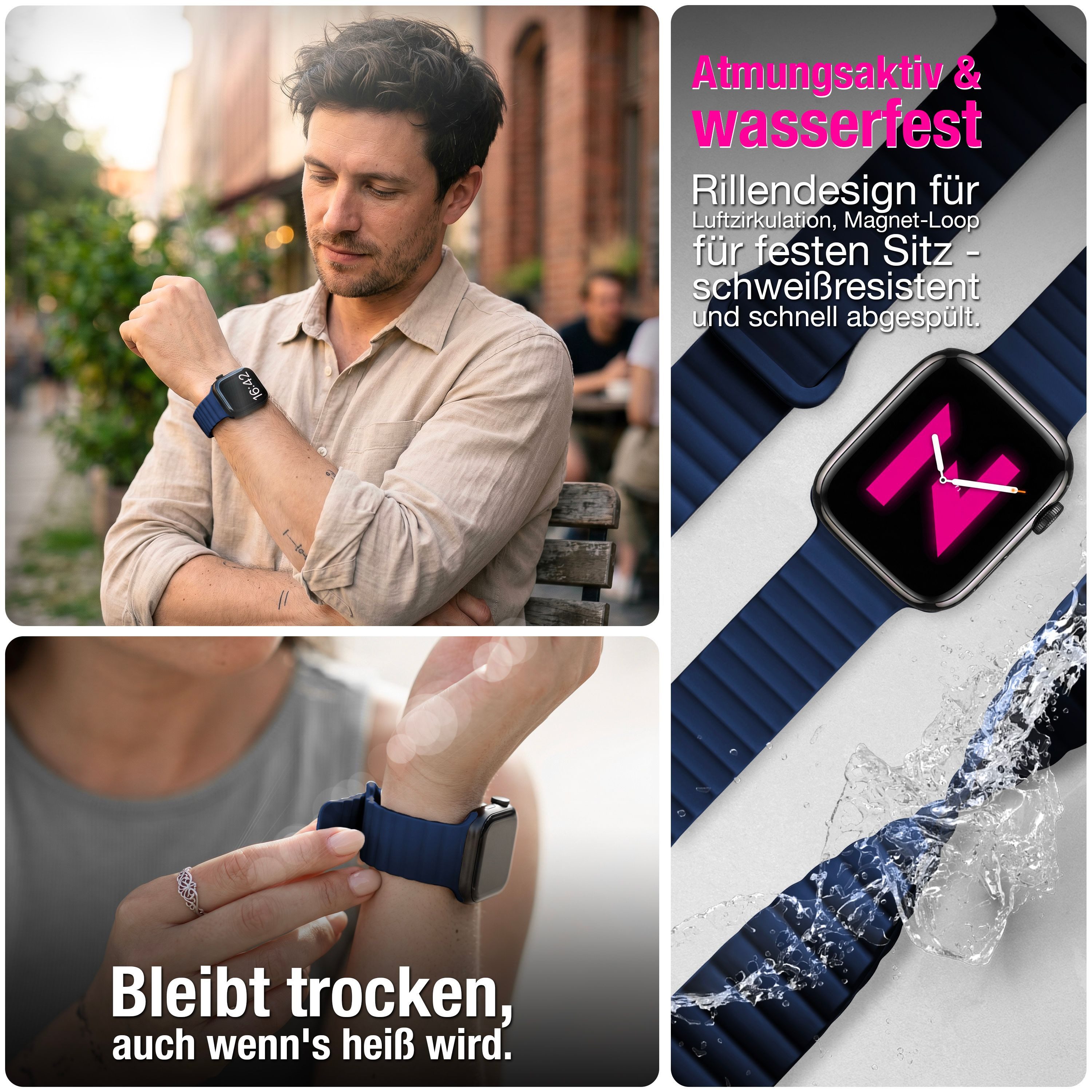 Nalia Smartwatch-Armband Apple Watch 38mm/40/41/42(Serie 10/11), Magnetisches Silikon Ersatzband / für Sport Fitness Uhr / Atmungsaktiv