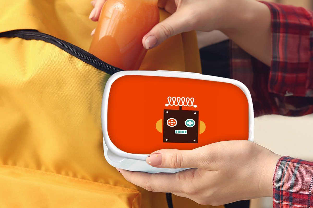 Kinder - Formen Kinder, - Roboter und MuchoWow Gesicht (2-tlg), Lunchbox - weiß Jungen für Erwachsene, - Mädchen Orange Jungs - und Kunststoff, Brotdose, Brotbox für