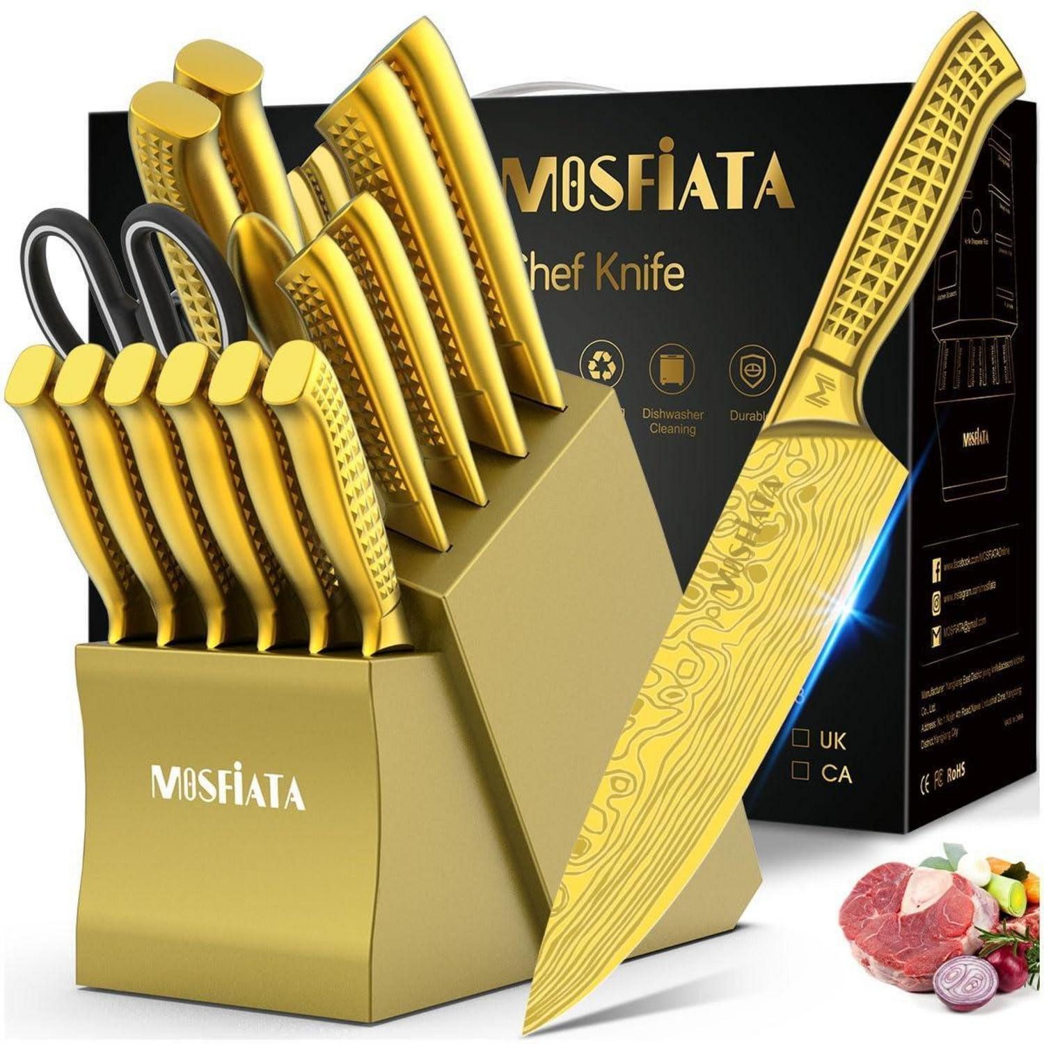 LuxusKollektion Messer-Set Messerset 17-tlg Edelstahl Titanbeschichtet Gold