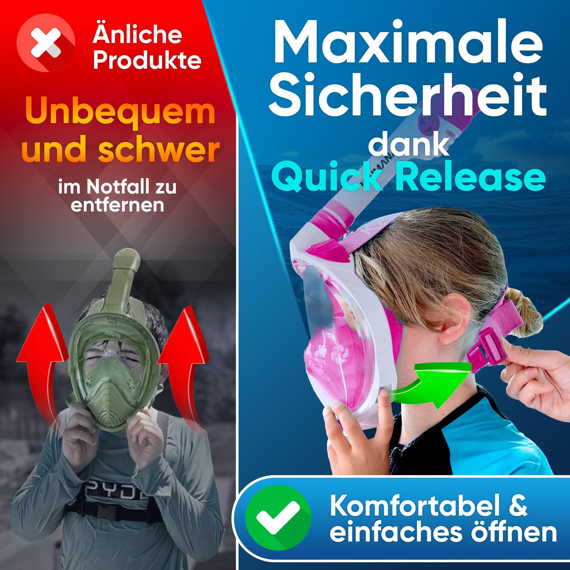 KAIMANA Tauchermaske - Die Preisgekrönte Schnorchelmaske Kinder inkl. Tragetasche, (Taucherbrille Kinder 4 Jahre - Kinder Schnorchelmaske), absolut CO₂ sichere Tauchmaske Kinder - Tauchermaske Kinder