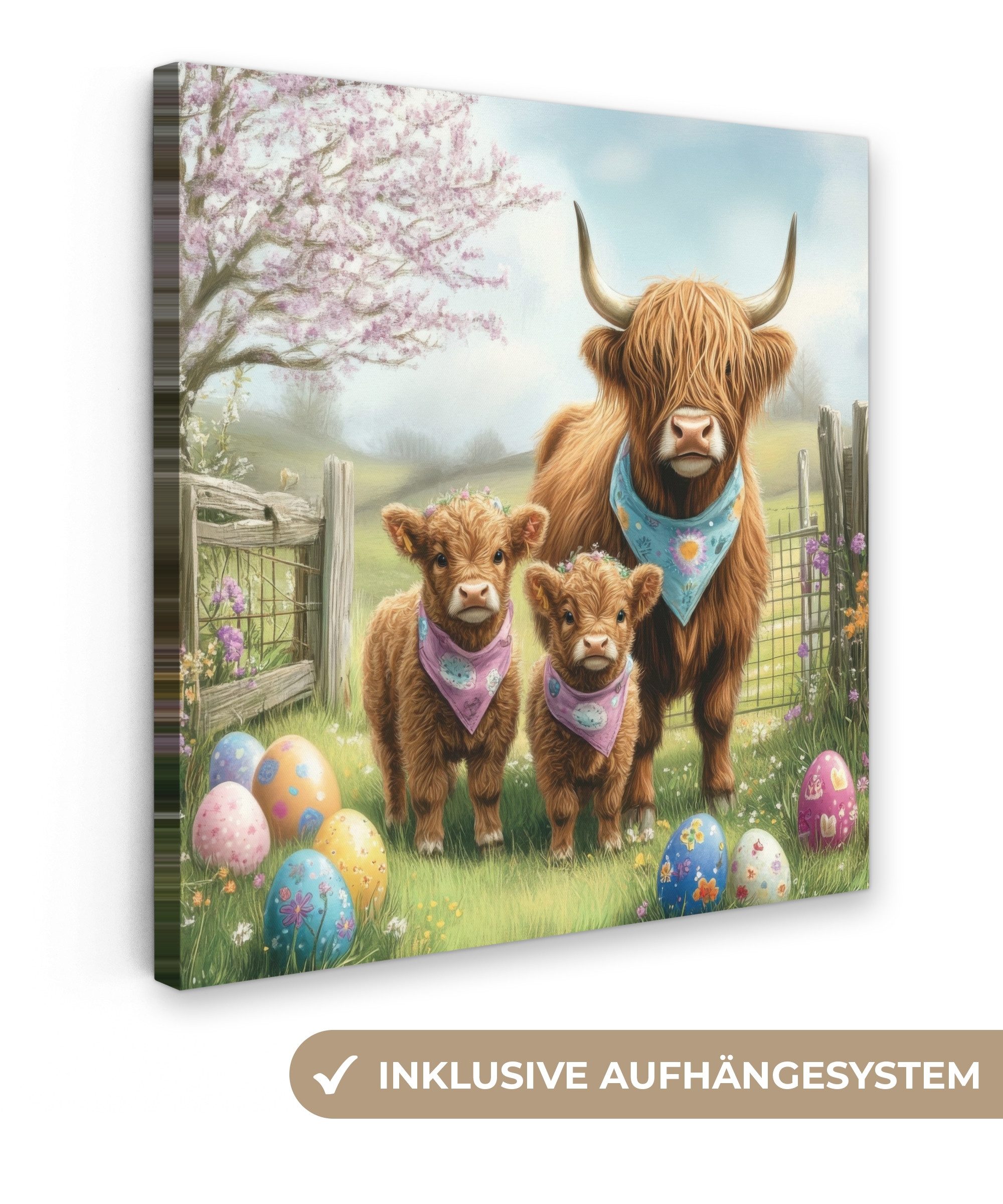 OneMillionCanvasses® Leinwandbild Schottische Highlander - Ostereier - Frühling - Ostern Deko, Fotodruck (1 St), Wandbild, Deko Schlafzimmer Wohnzimmer Flur 20x20 cm