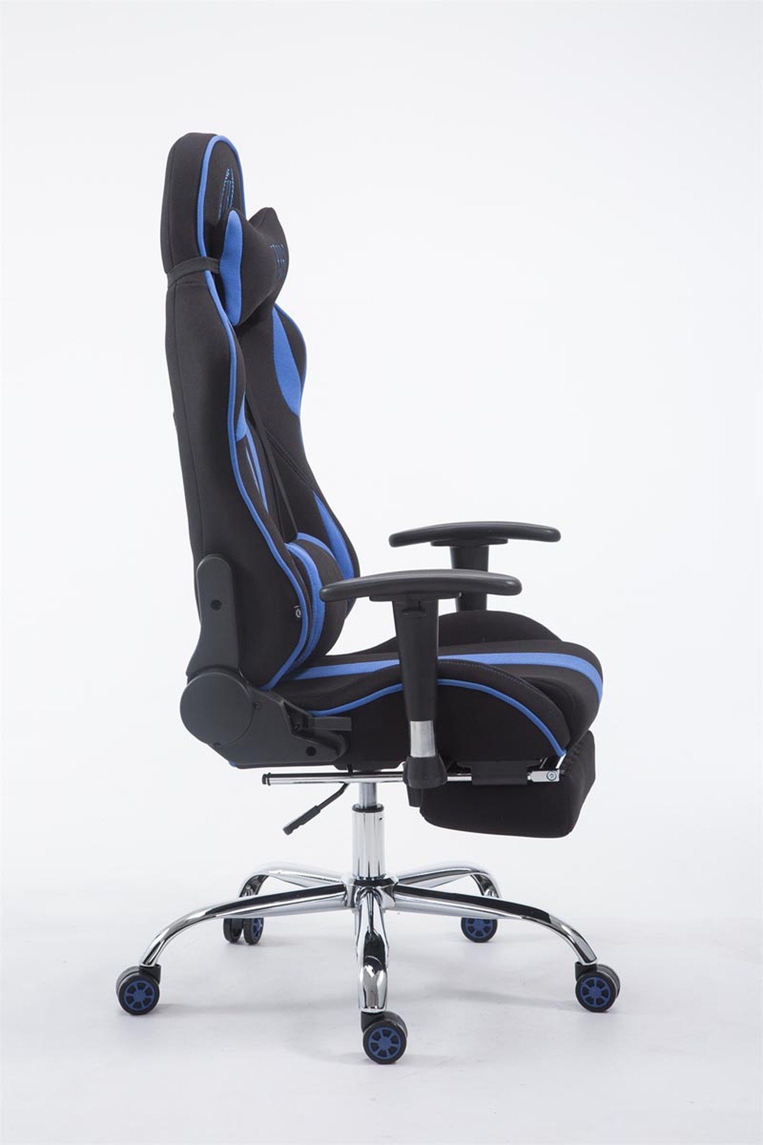 Gestell: Sitzfläche: höhenverstellbar Racingstuhl, Stoff (Schreibtischstuhl, mit drehbar bequemer - - TPFLiving Drehstuhl, Rückenlehne Gaming-Stuhl Limitless-2 Metall Gamingstuhl, 360° schwarz/blau Chefsessel), chrom -
