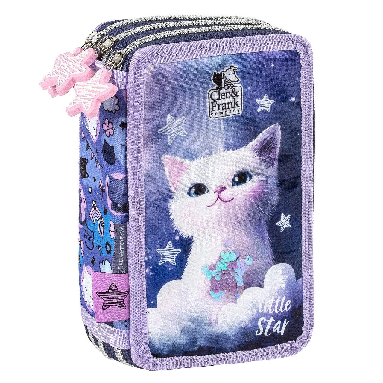DERFORM Federtasche Katze 3 Fach gefüllt Federmäppchen Federmappe blau Mäppchen Kätzchen