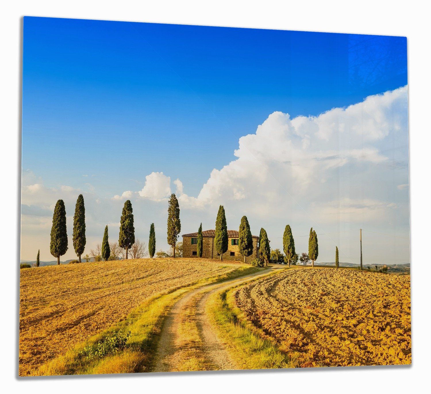 Wallario Herd-Abdeckplatte Italien - Toskana unter blauem Himmel einsame Farm, ESG-Sicherheitsglas, (Glasplatte, 1 tlg., inkl. 5mm Noppen), verschiedene Größen