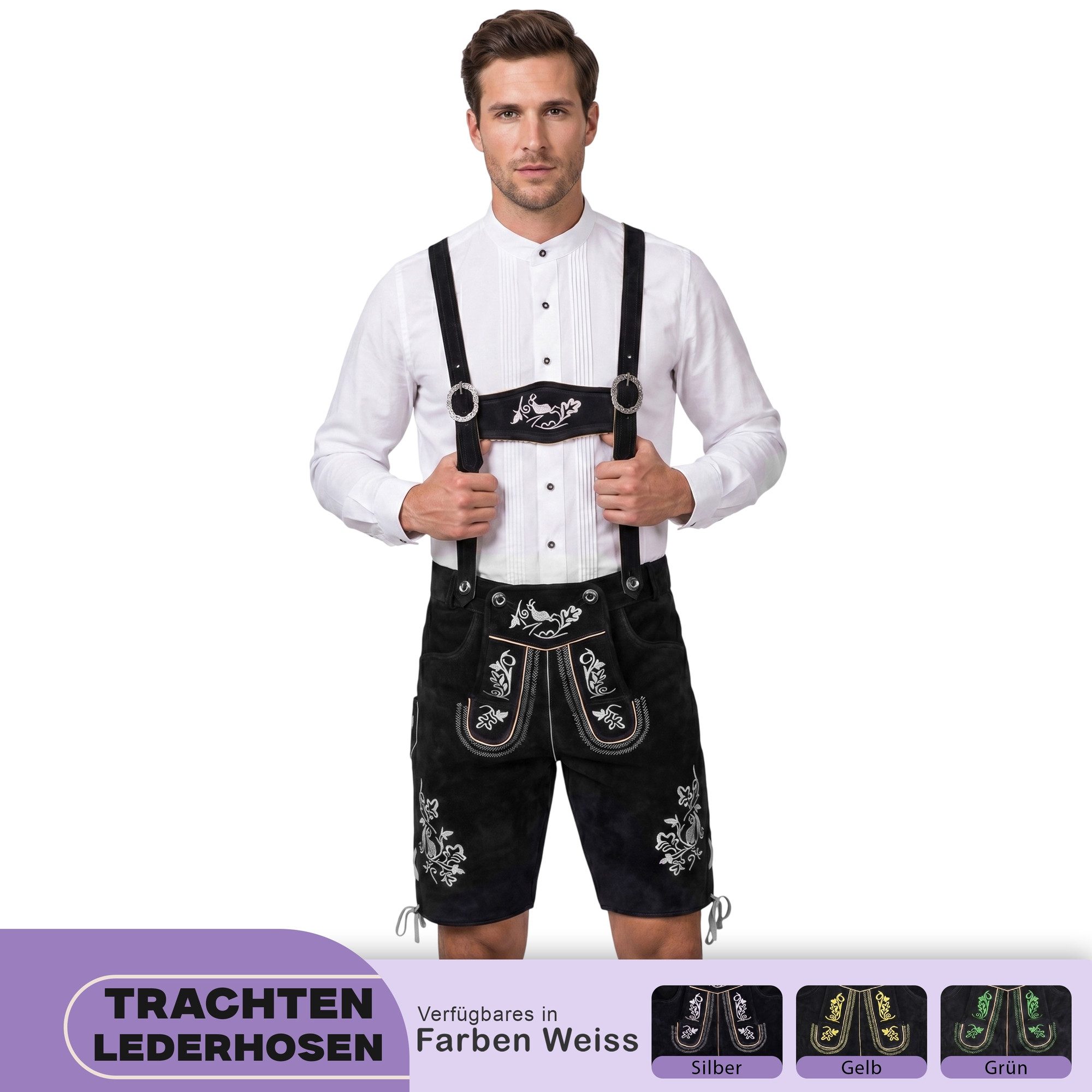 German Wear Trachtenlederhose GW721 kurze Trachten Lederhose mit Hosenträger Trachtenhose Schwarz
