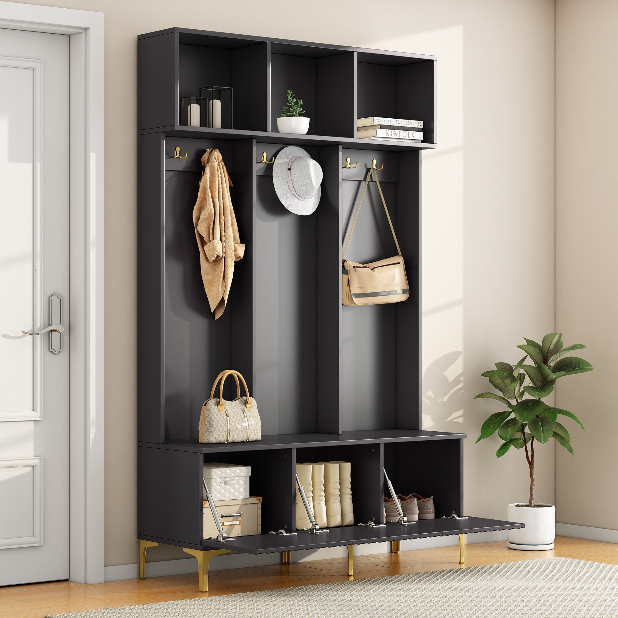 IDEASY Garderoben-Set mit Bank, Multifunktionale Aufbewahrungsbank, Flur-Schuhschrank, (Flur-Garderobe mit 3 offenen Ablagefächern, 6 Goldhaken), Moderne Garderobe für Flur/Wohnzimmer, weiß/schwarz,120x23.5x191.5CM
