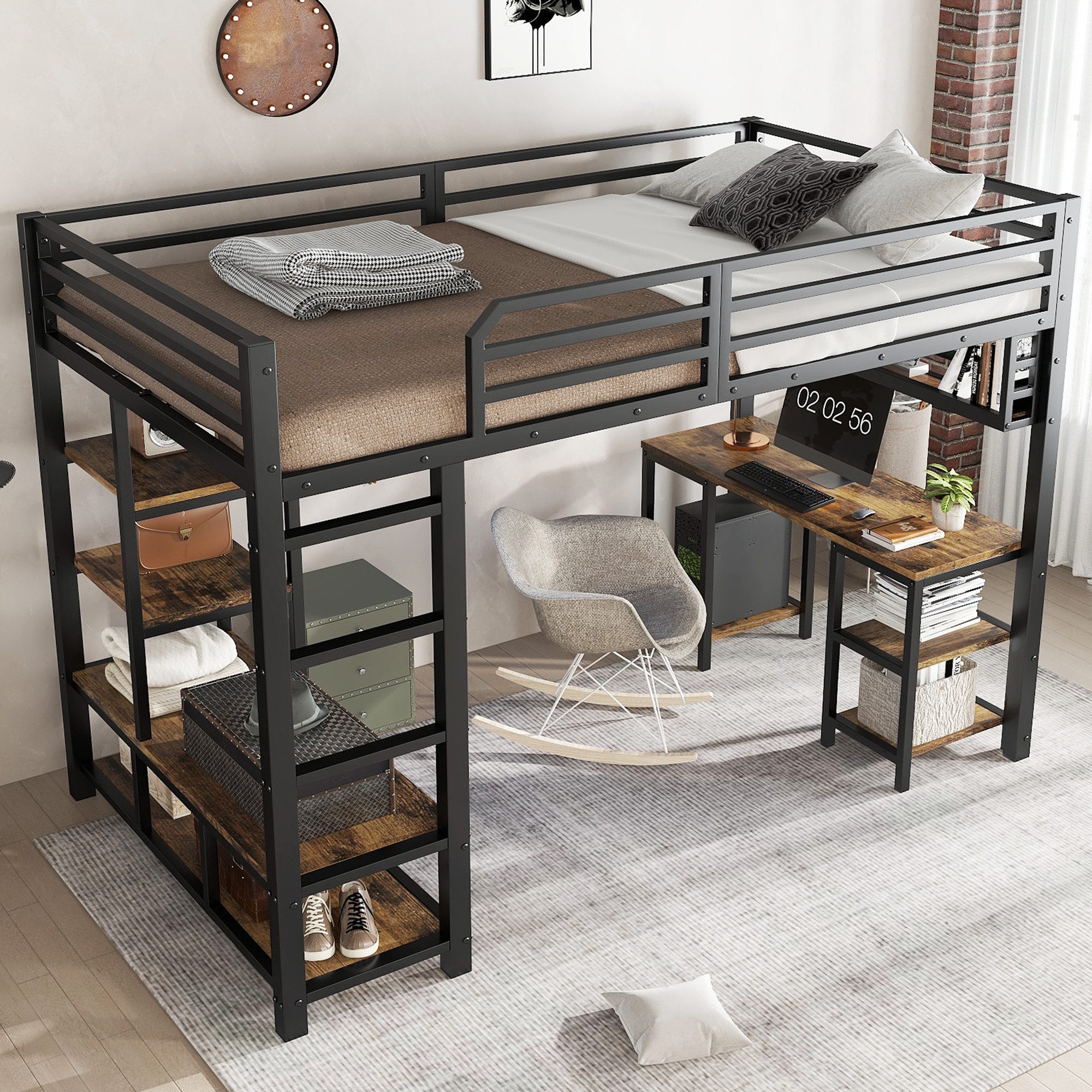 Merax Hochbett (1-St., Jugendbett Etagenbett Einzelbett) Metallbett Kinderbett 120x200cm mit Schreibtisch Ablagefläche & Leiter