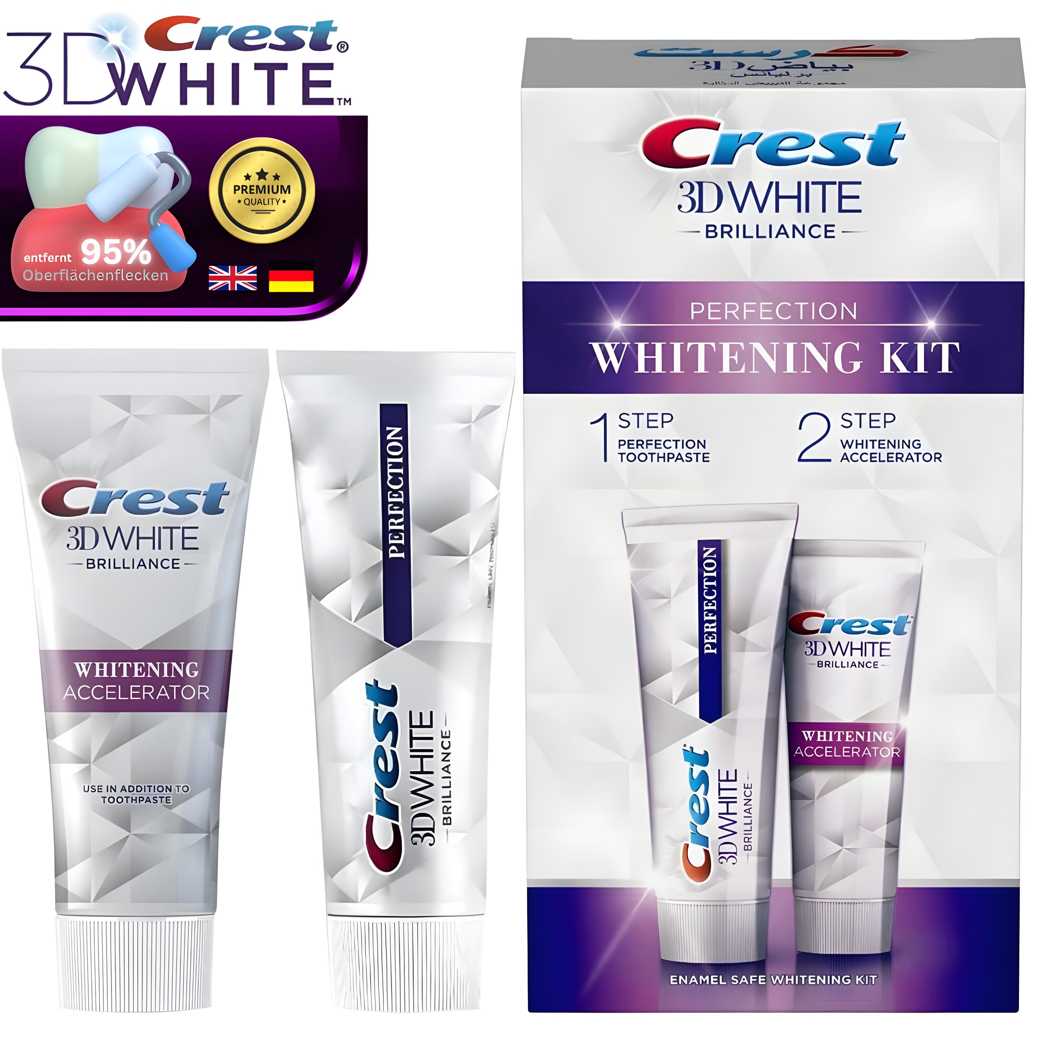 Crest Zahnbleaching-Kit 3D WHITE Brilliance Whitenig Kit, 75 ml Perfection Zahnpasta + 75 ml Aufhellungsbeschleuninger 2x 75ml