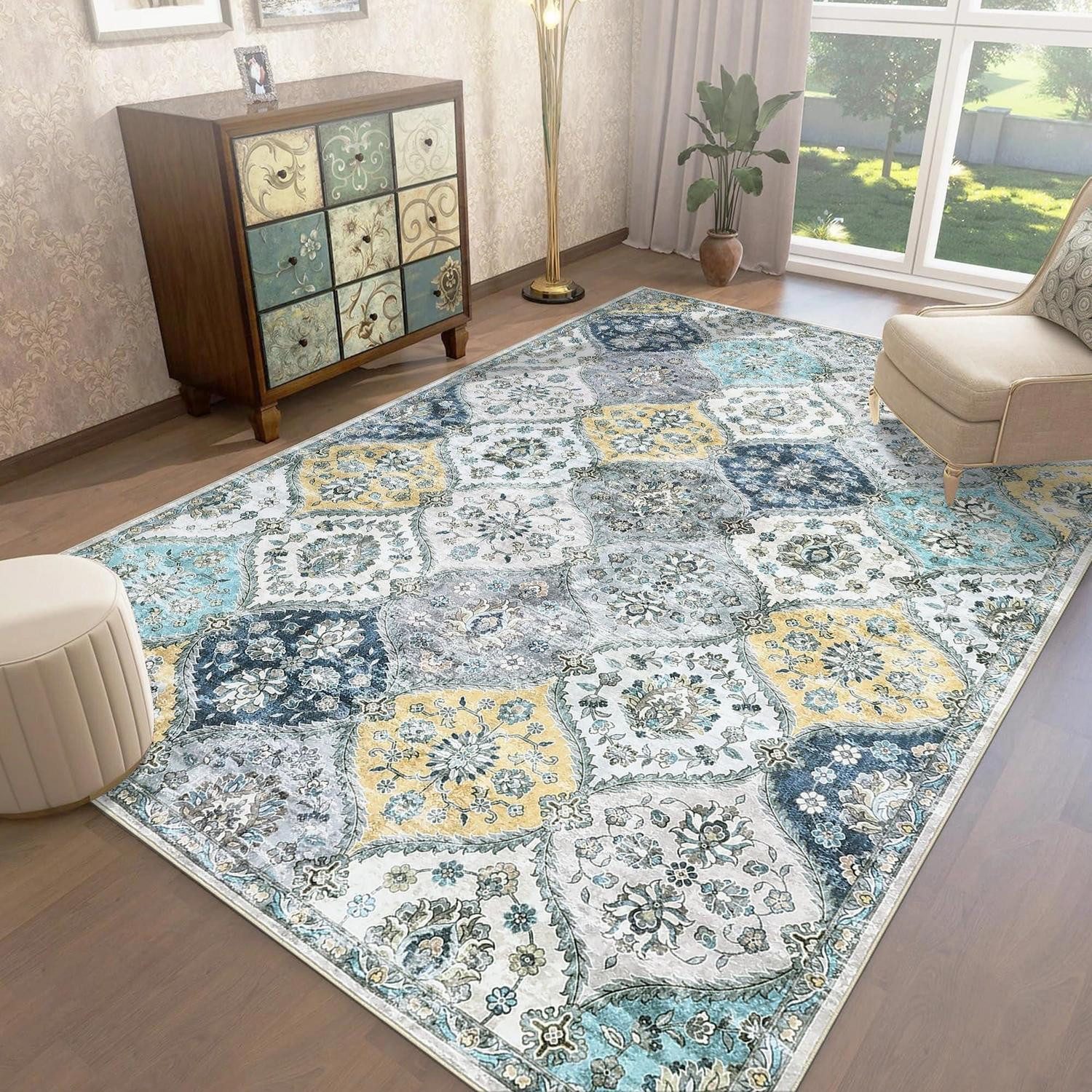 LuxusKollektion Orientteppich Teppich Wohnzimmer 160x230 Vintage Blumen Kurzflor Blau Gelb, rechteckig, Höhe: 10 mm