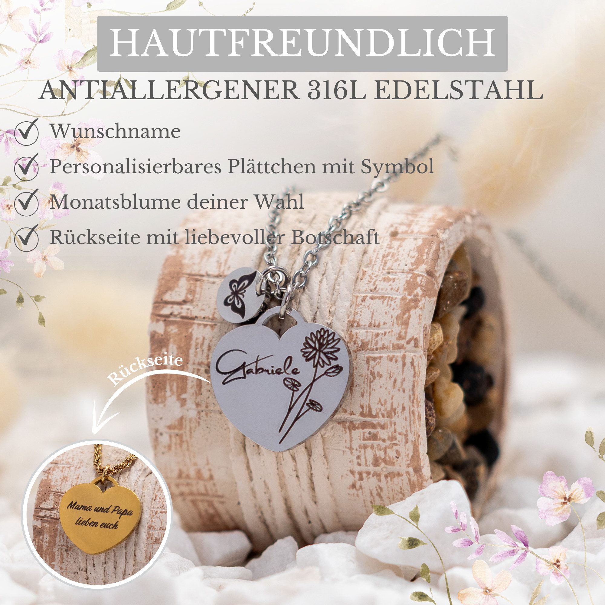 BS Schmuckdesign Kette mit Anhänger mit Gravur Personalisierte Halskette Damen Herzkette Name und Monatsblume Gravur (inkl. Gravur), vollständig personalisierbar inkl. Geschenkbox