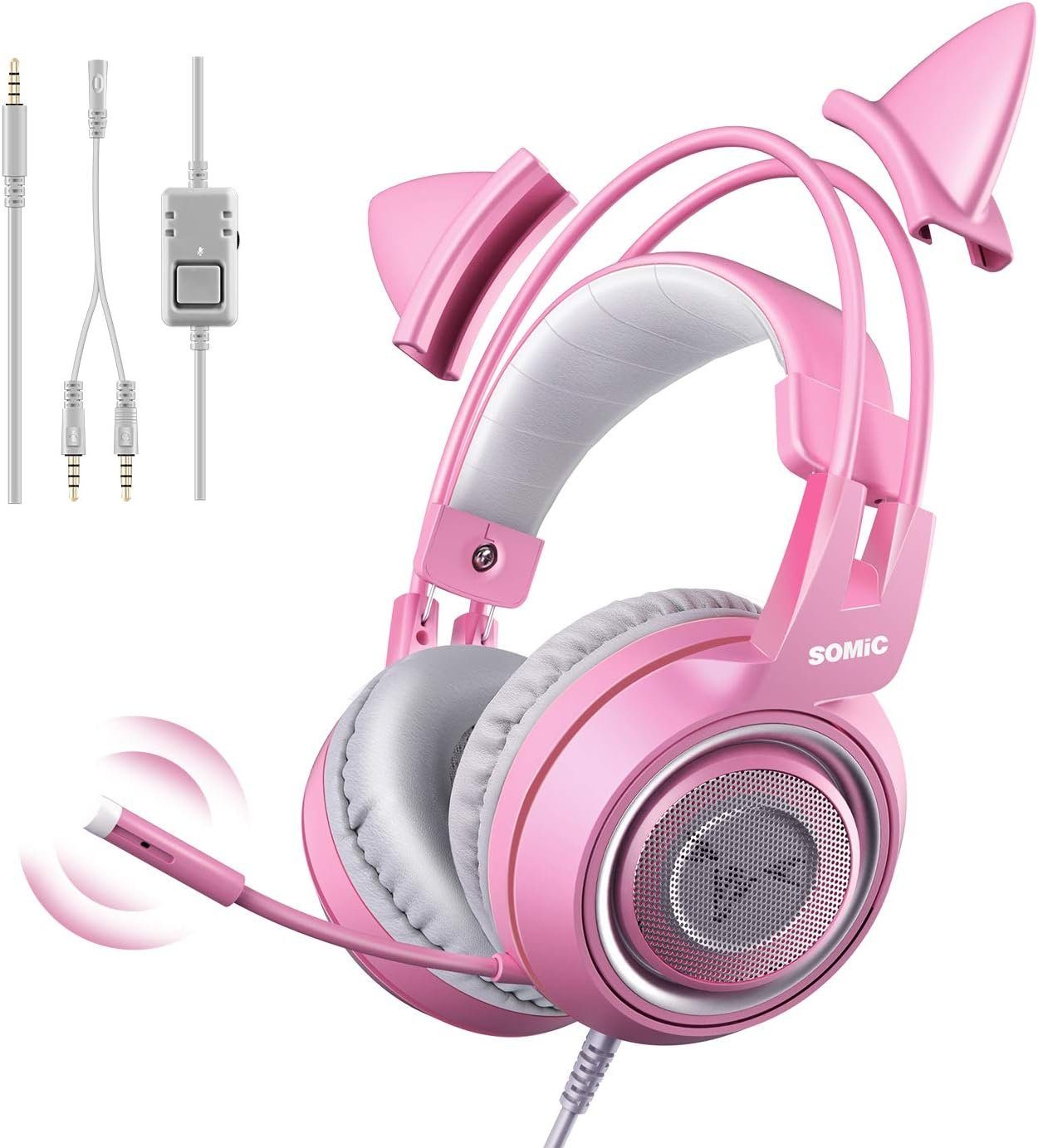 Somic G951S Gaming-Headset (Rosa 3,5-mm-Kabel, Headset Katzenohr-Kopfhörer Mikrofon, Gaming-Kopfhörer und rosa für Mädchen mit Frauen) mit