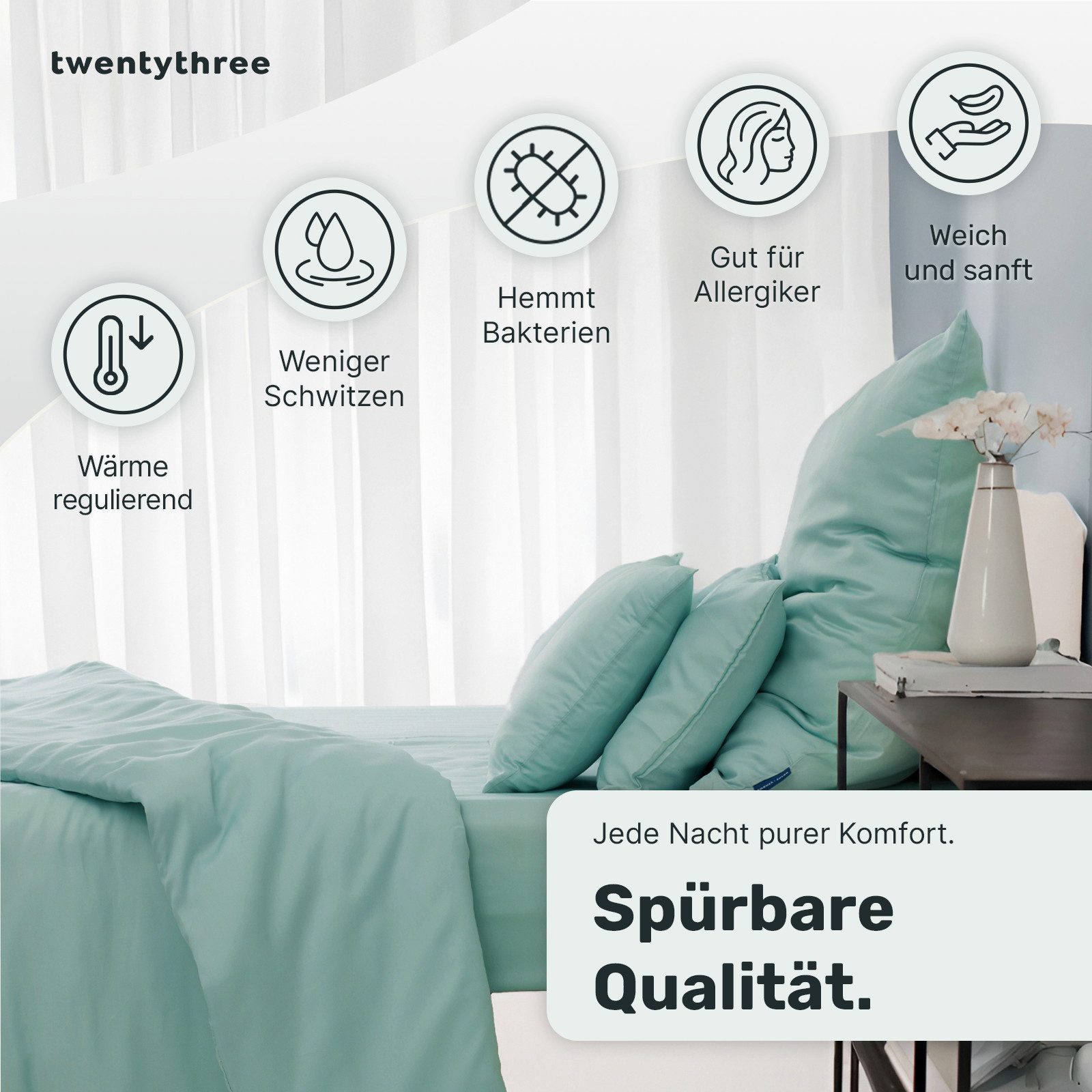 twenty:three® Kissenbezug Lyocell Kissenbezug Mint Green, Atmungsaktiv, Ultraweich, 100% TENCEL™ Lyocell, 40 x 80