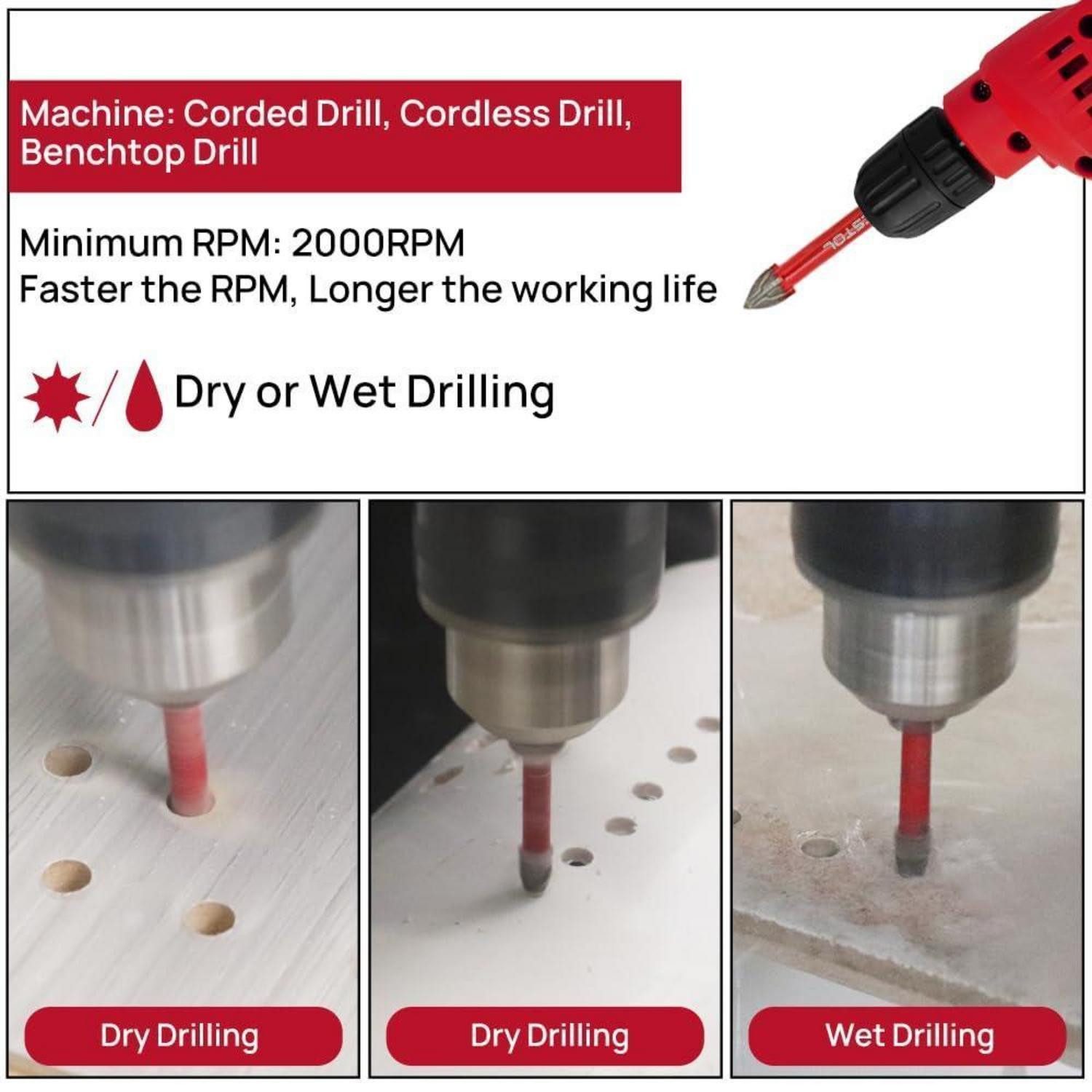 LuxusKollektion Fliesenbohrer Fliesenbohrer Set 10er 6mm*4 8mm*2 10mm*2 12mm*2 Dreikantschaft