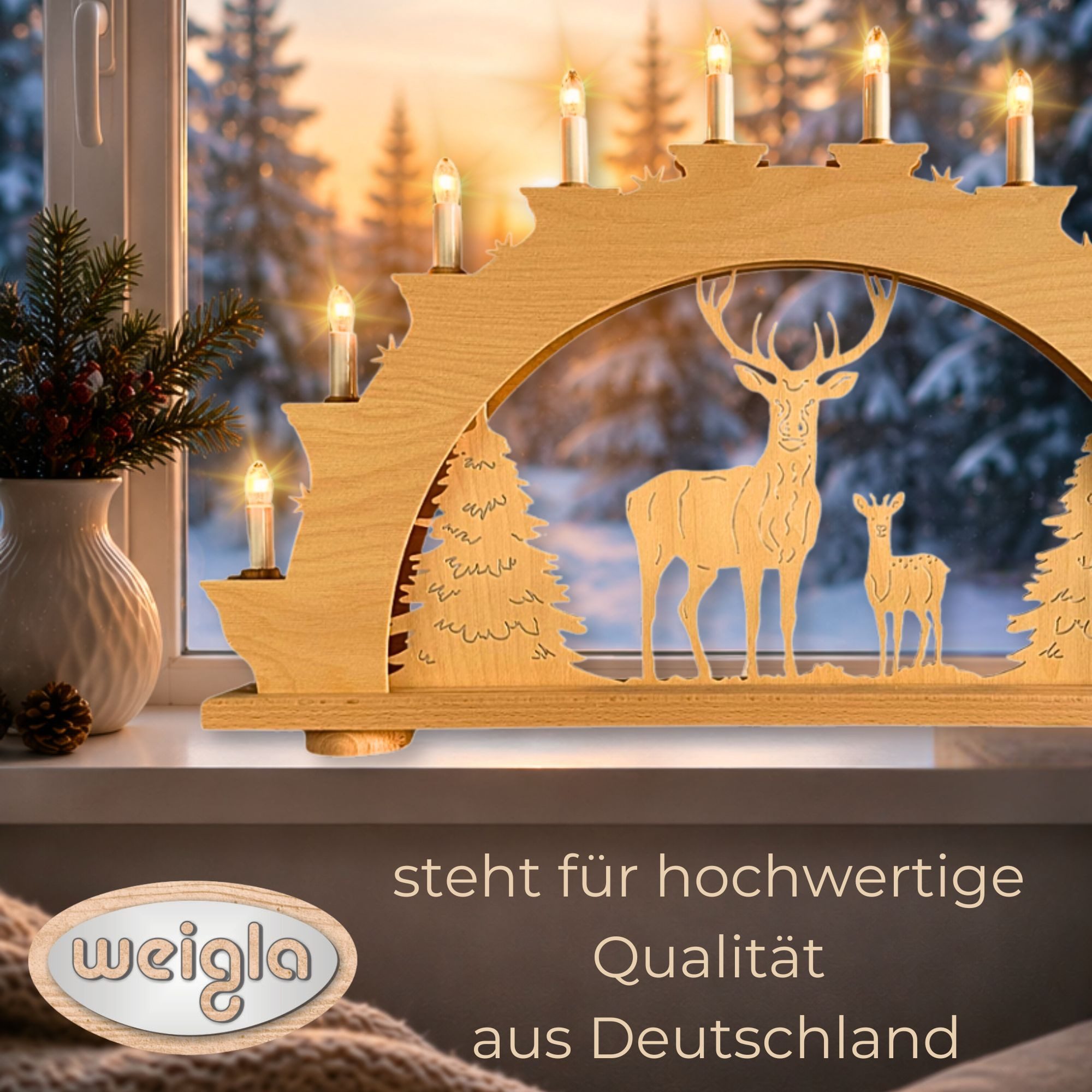 Weigla Schwibbogen Stolzer Hirsch, Lichterbogen aus Holz, NATUR