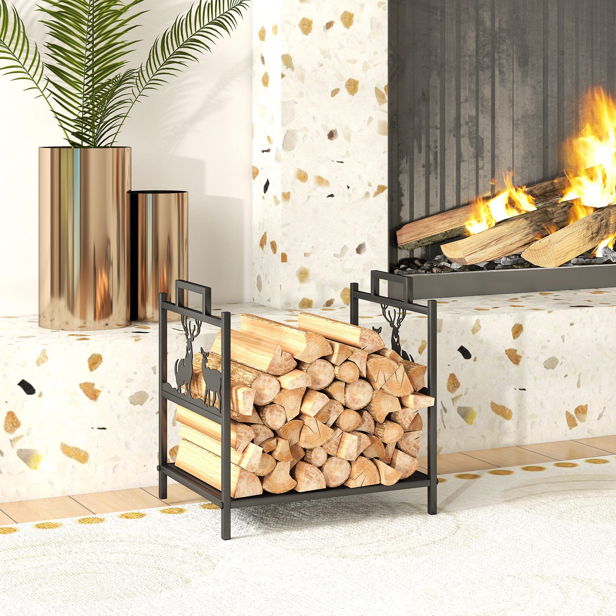 Outsunny Kaminholzregal Brennholzregal mit Rentierdesign, Feuerholzregal für Feuerholz, BxTxH:33.5x42.5x43 cm, (Brennholzregal für innen, 1-St., Kaminholzständer für Kamin Ofen), 42,5 x 33,5 x 43 cm, aus Metall Schwarz