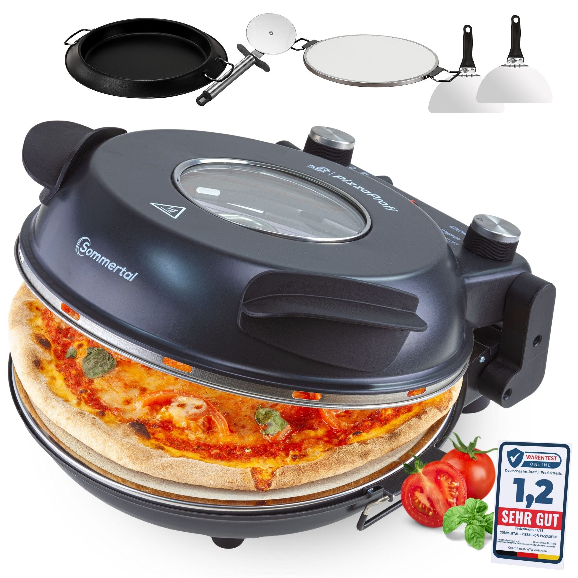 Sommertal Pizzaofen Sommertal PizzaProfi Pizzaofen, 32cm Pizzastein, mit Pfanneneinsatz, 2x Pizzaschieber, Pizzaschneider, Steinplatte