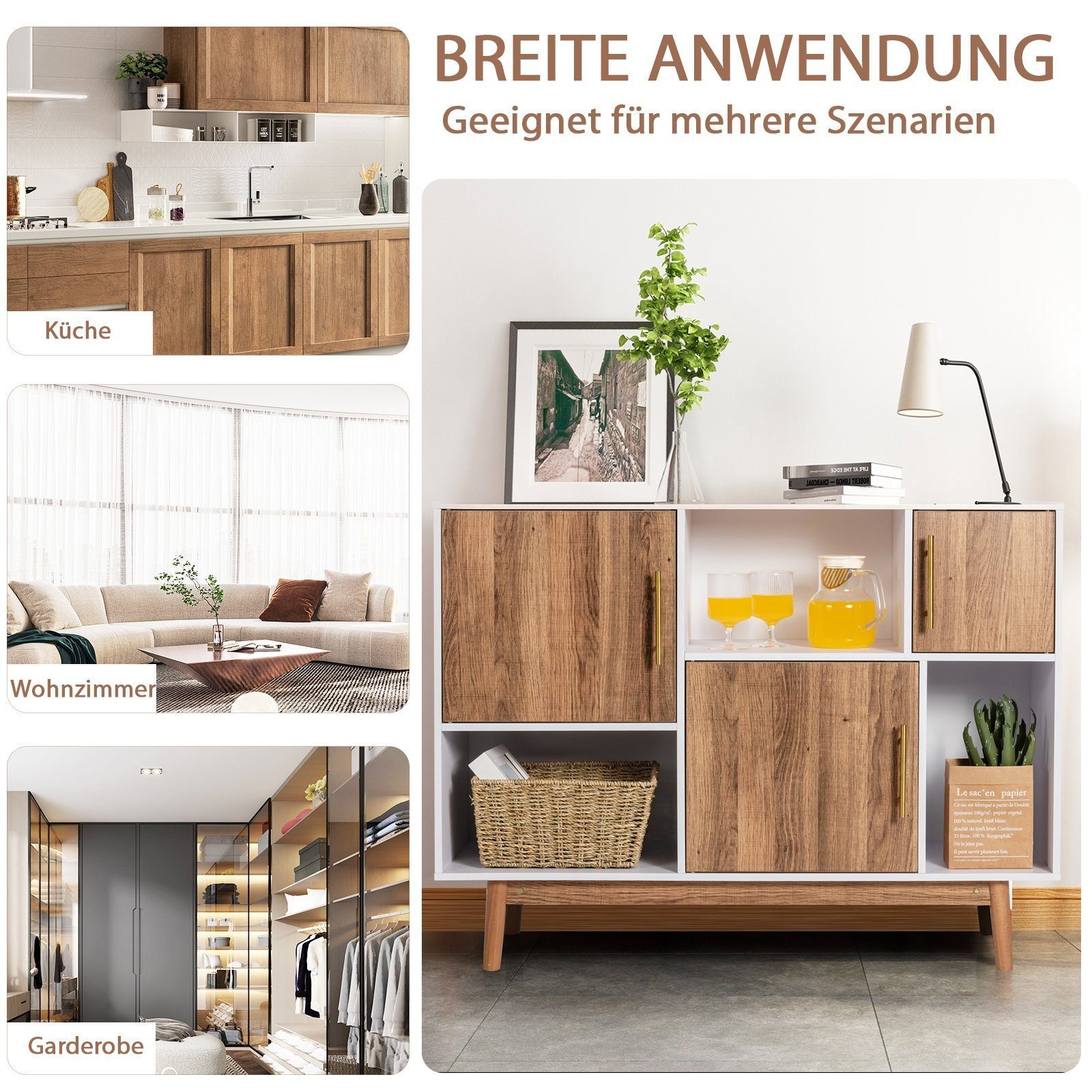 COSTWAY | Fächer, mit 76cm natur x Türen, mit Sideboard, 6 und 95 31 x Weiß weiß