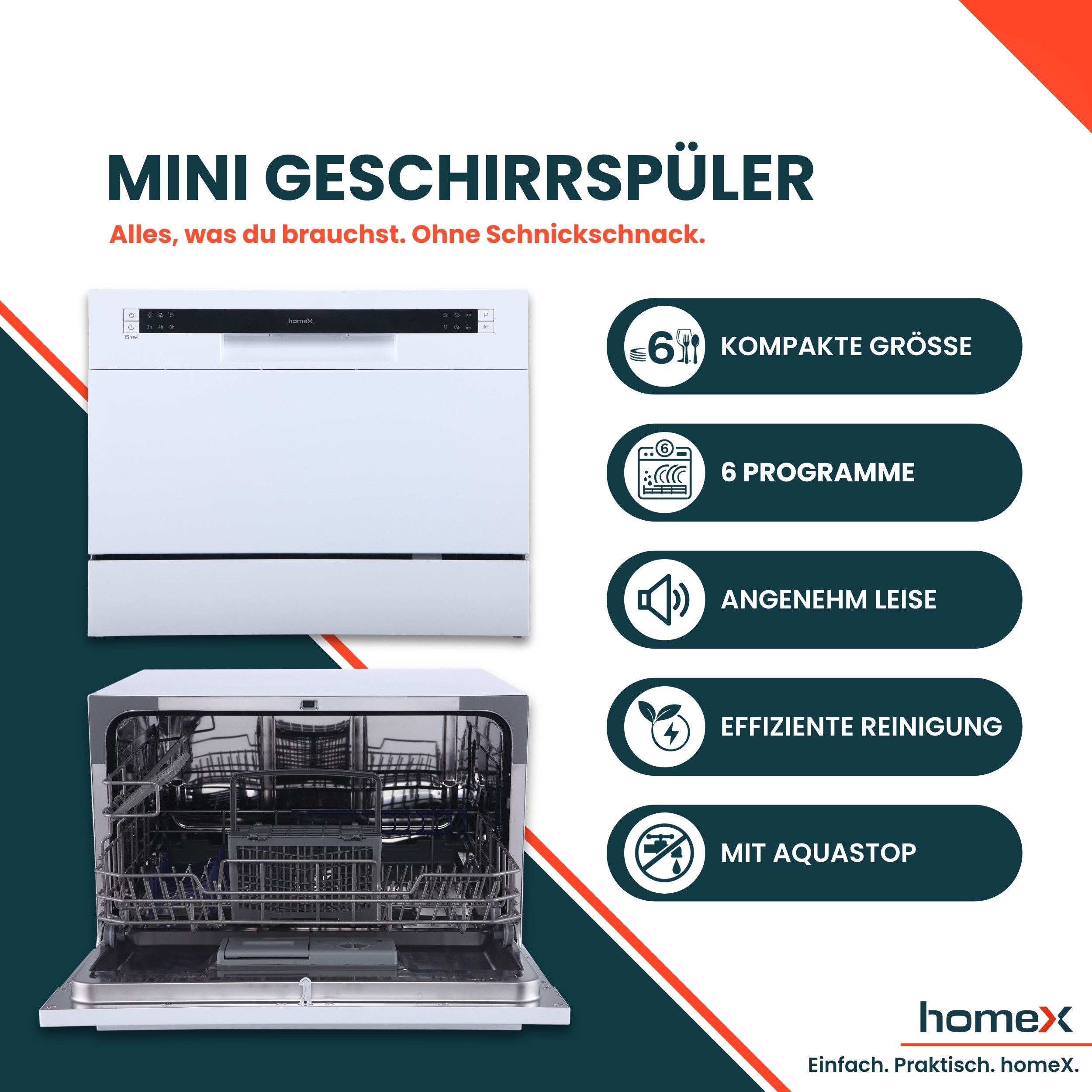homeX Tischgeschirrspüler GST6AD-W, 7 l, 6 Maßgedecke, Mini Spülmaschine, Geschirrspüler klein, 6 Programme, 6 Gedecke, 47 dB