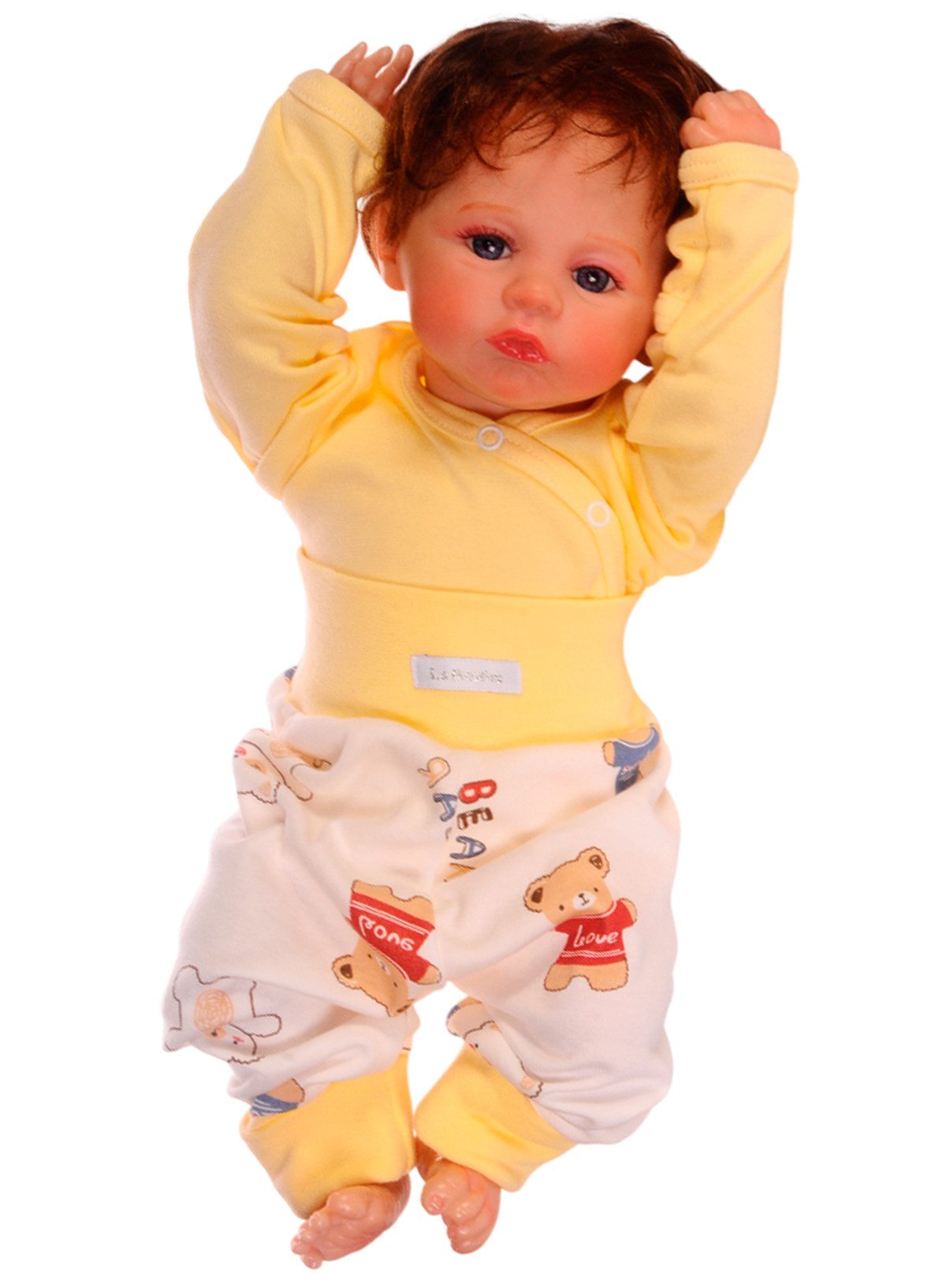 La Bortini Erstausstattungspaket Baby Anzug Body Hose Mütze neutral für Neugeborene Set (Wickelbody, Mitwachshose, Mützchen, für Mädchen und Jungen, unisex, 3-teilig) in creme gelb mit Bärchen Muster, 44 50 56 62 68 74 80 86