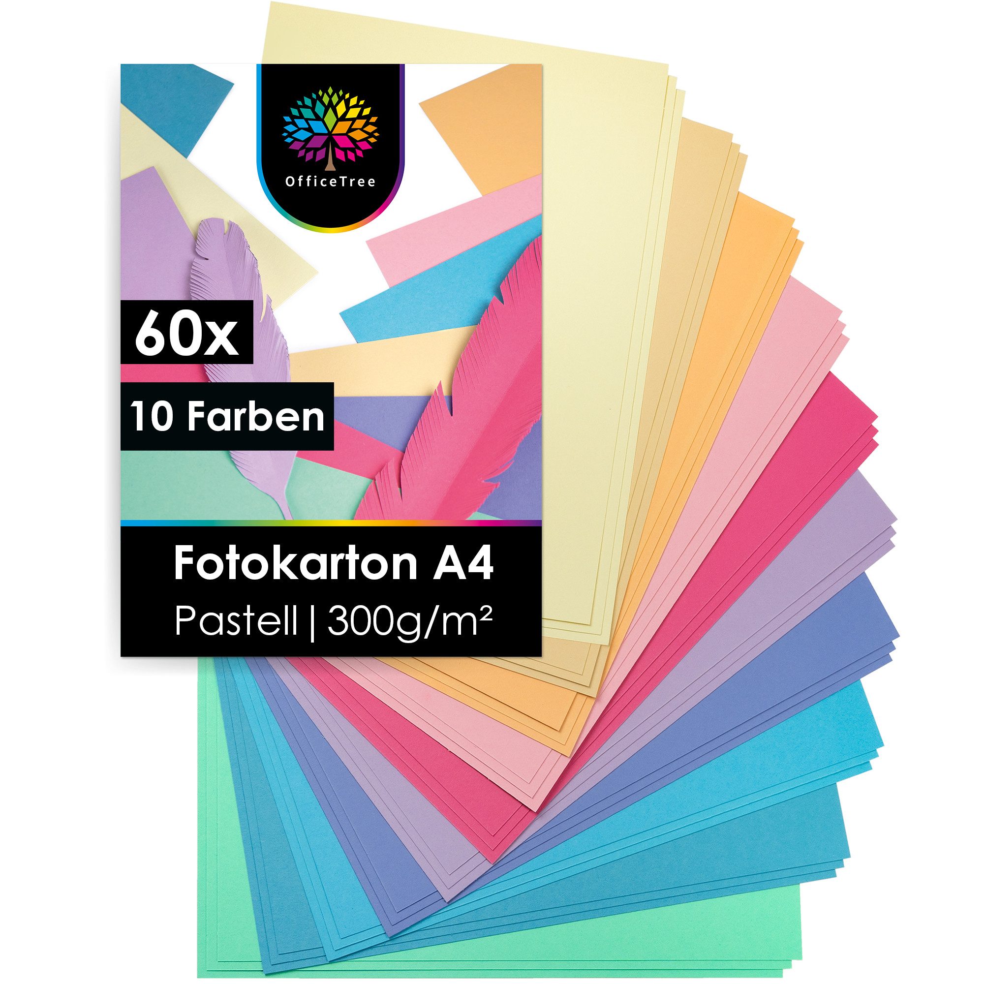 OfficeTree Transparentpapier OfficeTree 60 Blatt Цветная бумага Pastell Töne - Bastelset Kinder -, Tonpapier A4 300g/m² zum Ремесло und Gestalten