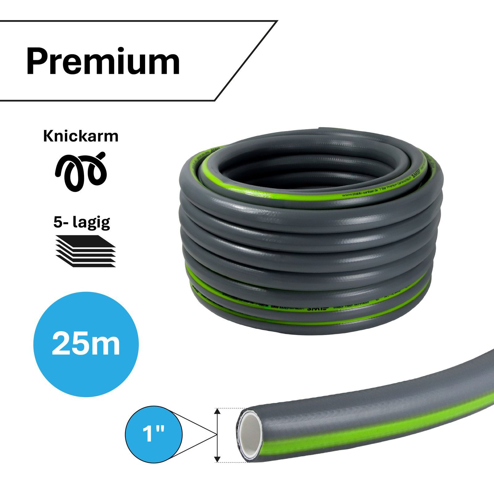 APD Schlauchtechnik Gartenschlauch Gartenschlauch Grau 1 Zoll 25 m 5-lagig verstärkt knickfest "Premium"