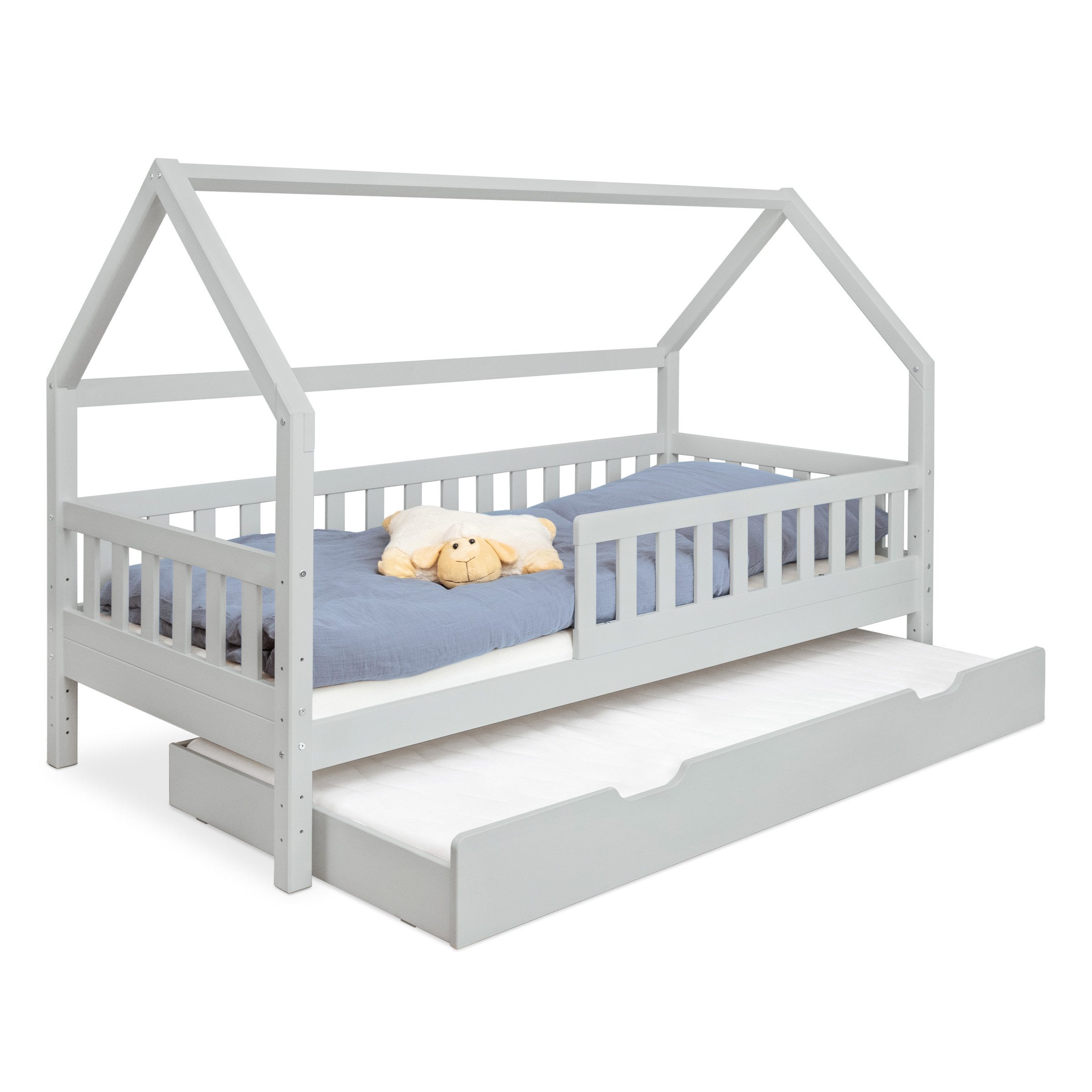 Ehrenkind Hausbett Lille aus massivem Kiefernholz (mit abnehmbarem Rausfallschutz aus massivem Holz, Erhältlich in Natur und Weiß Kinderbett 80x160/90x200 cm), höhenverstellbar, nachhaltiges Kiefernholz, hergestellt in Europa