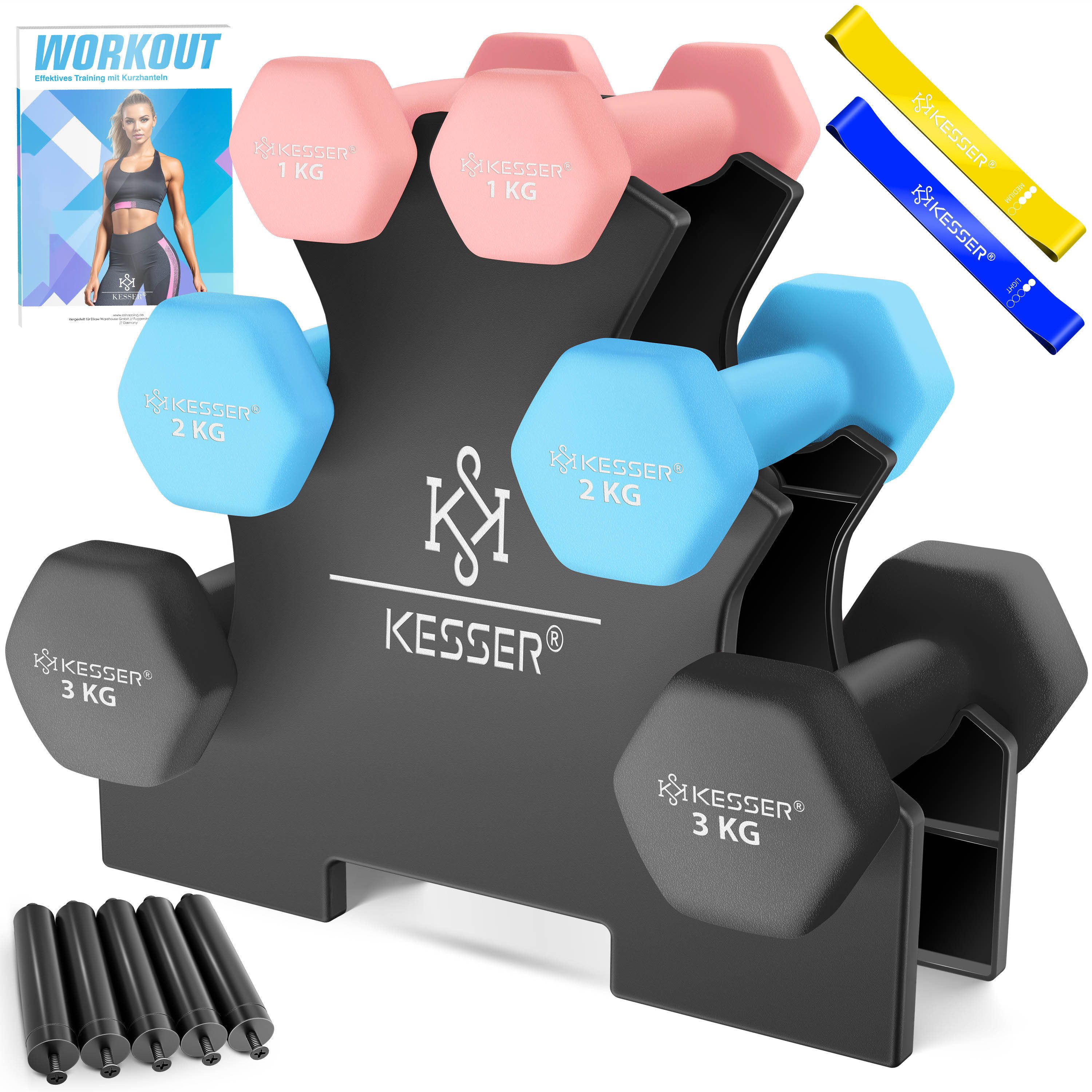 KESSER Hantel-Set, (12 kg Set 2 x (1+2+3)kg), Kurzhantel Gymnastikhanteln mit Ständer Aufbewahrung