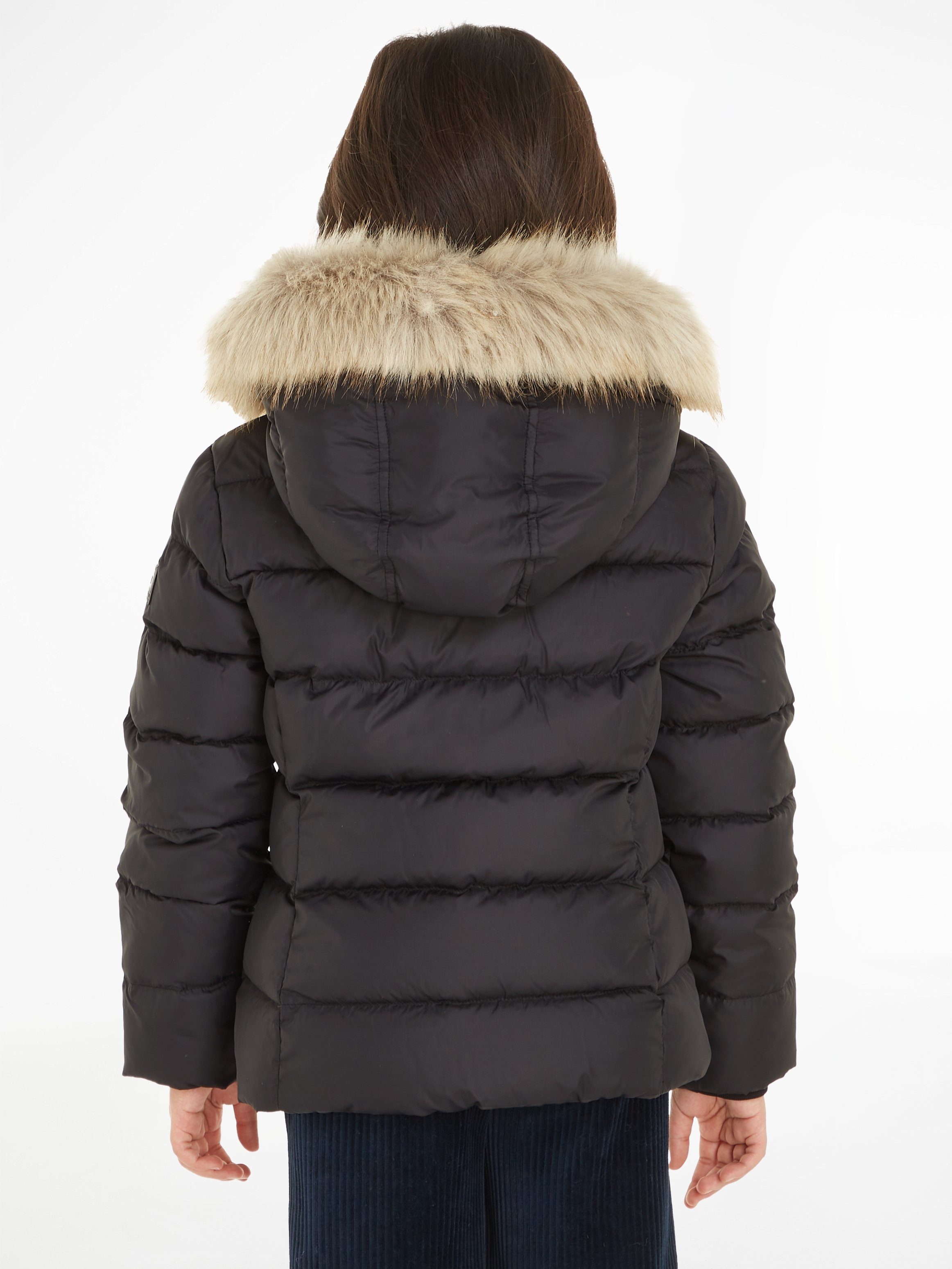 Kapuze DOWN Fellimitat Tommy mit black FUR Hilfiger JACKET Daunenjacke HOOD ESSENTIAL der an