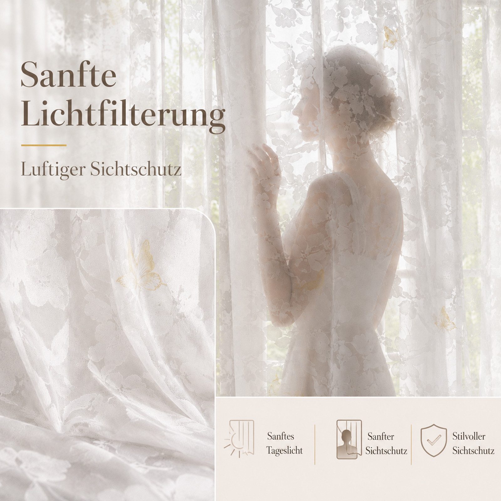 Lapamax Gardine Jacquard-Scheibengardinen mit Ösen, leicht & weich, Dekoschal, 2er-Set Voile-Vorhänge mit Gold-Schmetterlingen, Blättermuster – Bild 5 von 5