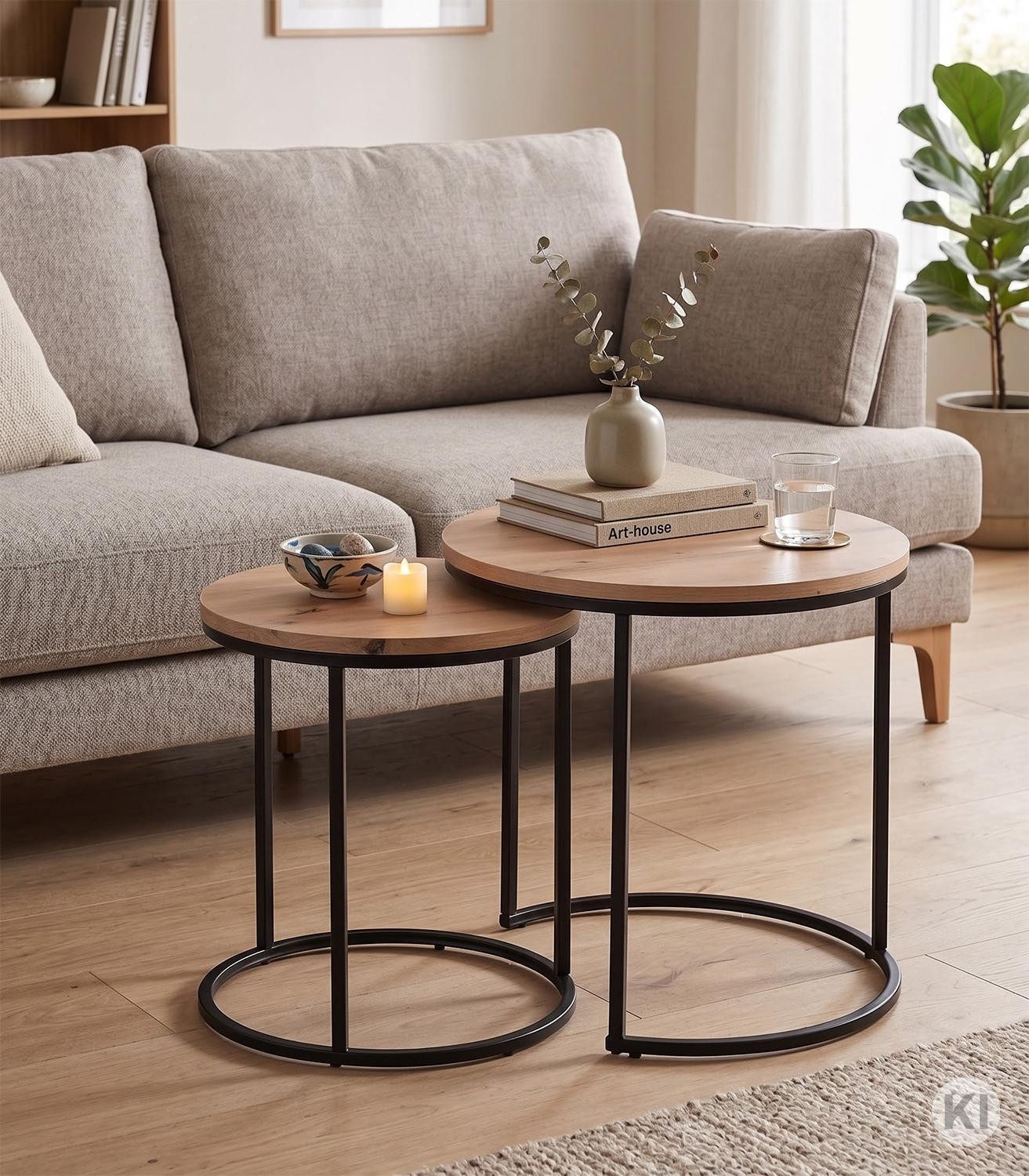 M2 Kollektion Couchtisch Set 2-teilig DENVER, Artisan Eiche Dekor, Schwarz, Metallgestell, Ø 50 x H 52 cm & Ø 40 x H 47 cm
