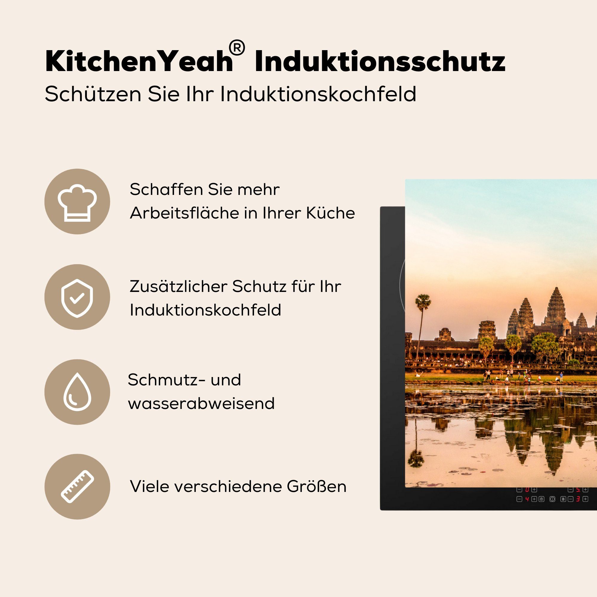 Vinyl, küche Herdblende-/Abdeckplatte Angkor cm, MuchoWow Sonnenuntergang Ceranfeldabdeckung, Wat, Arbeitsplatte über für tlg), (1 78x78