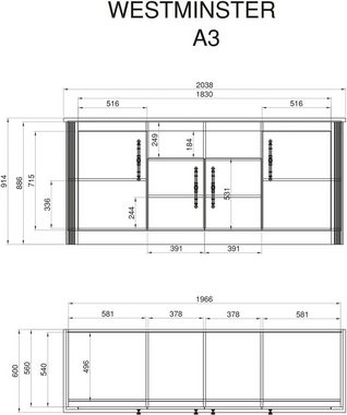 Kochstation Küche KS-Westminster, Breite 366 cm, ohne E-Geräte