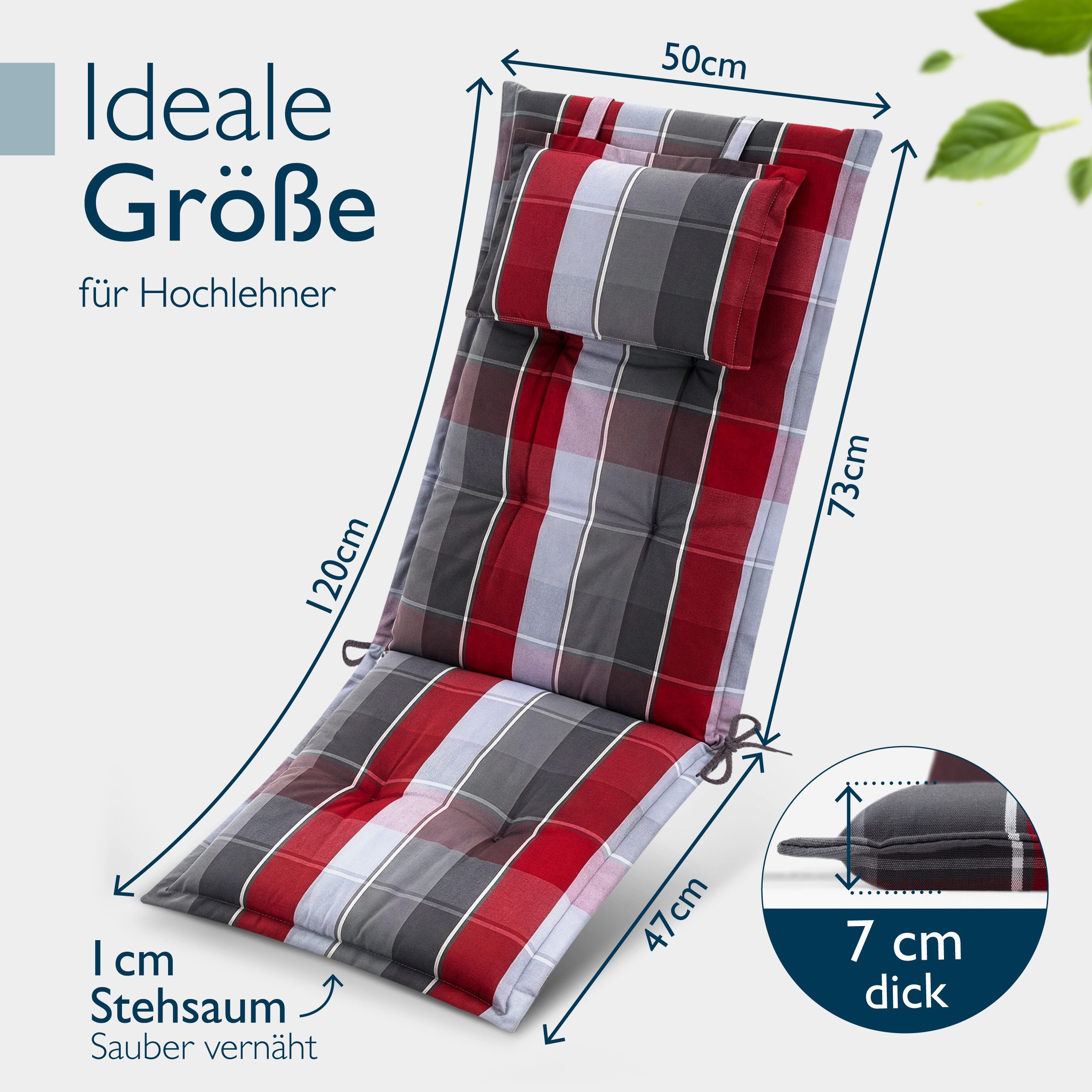 Beautissu Hochlehnerauflage 4x Premium Hochlehnerauflage 120x50x7cm, Grau-Rot-Hellblau-Kariert, Gartenstuhlauflage Hochlehner - Robuster Stoff & UV-Lichtechtheit