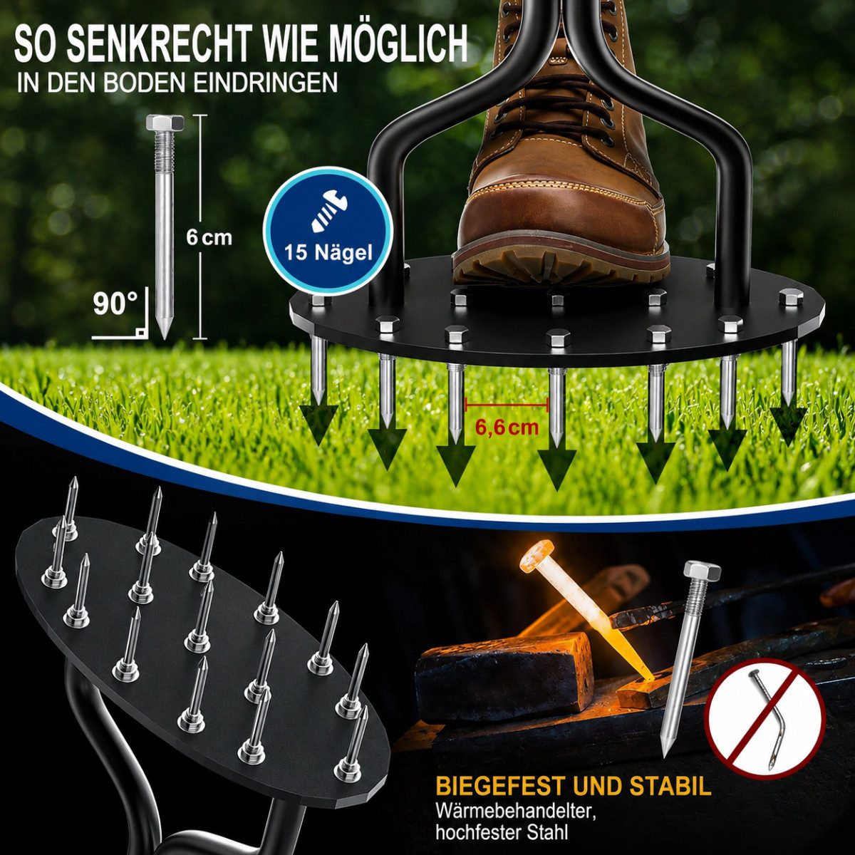 COFI 1453 Rasenlüfter Rasenlüfter Aerifizierer mit 15 Spikes Werkzeug für Garten und Rasen, (1-tlg) – Bild 4 von 5