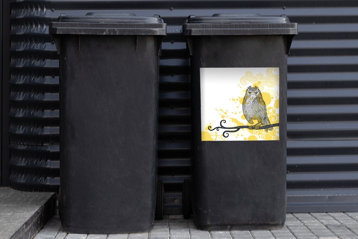 Eule MuchoWow der Sticker, Wandsticker Abfalbehälter St), Mülltonne, (1 Illustration Container, Mülleimer-aufkleber,