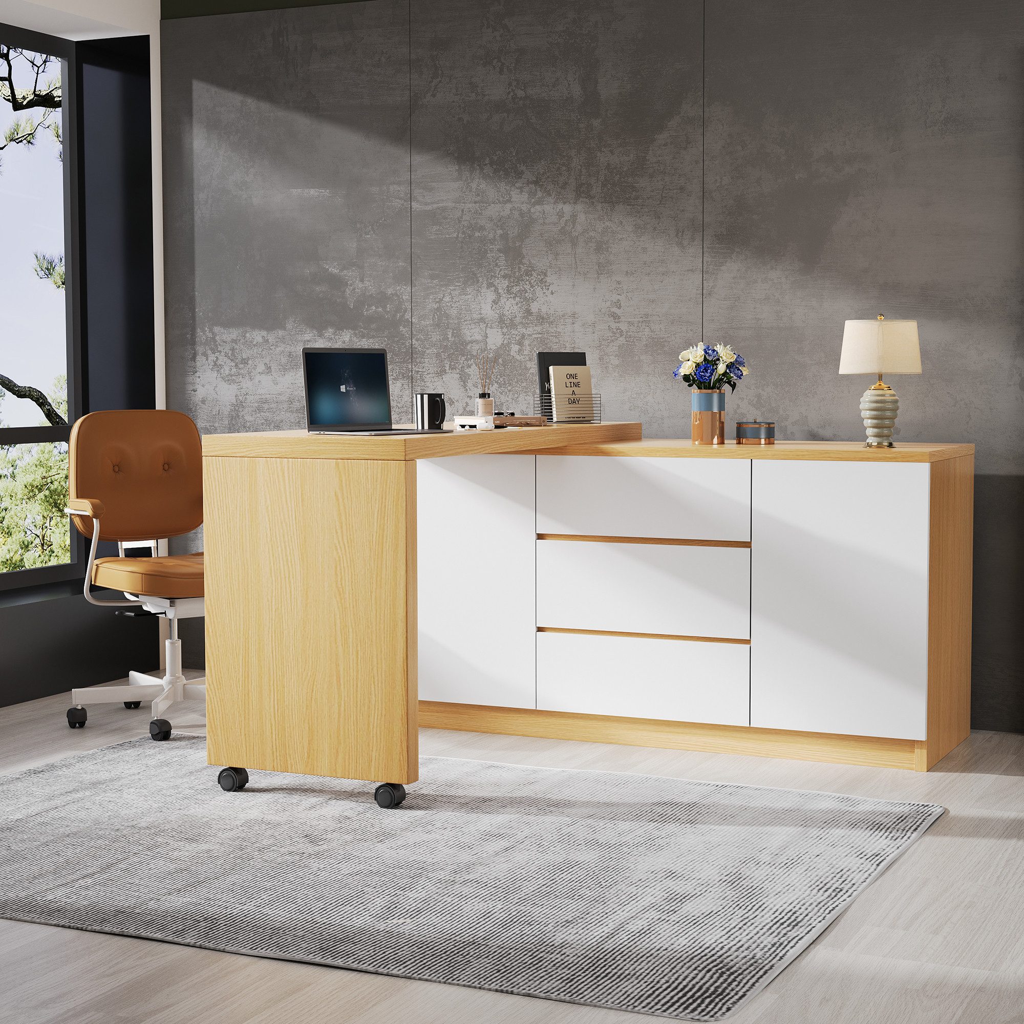 Merax Schreibtisch 2-in-1 Sideboard & Arbeitstisch (120×50×76,5 cm, 1-St., multifunktionaler Bürotisch Kommode in Weiß/Eiche), Eckschreibtisch mit 360° drehbarer Tischplatte, 2 Türen & 3 Schubladen