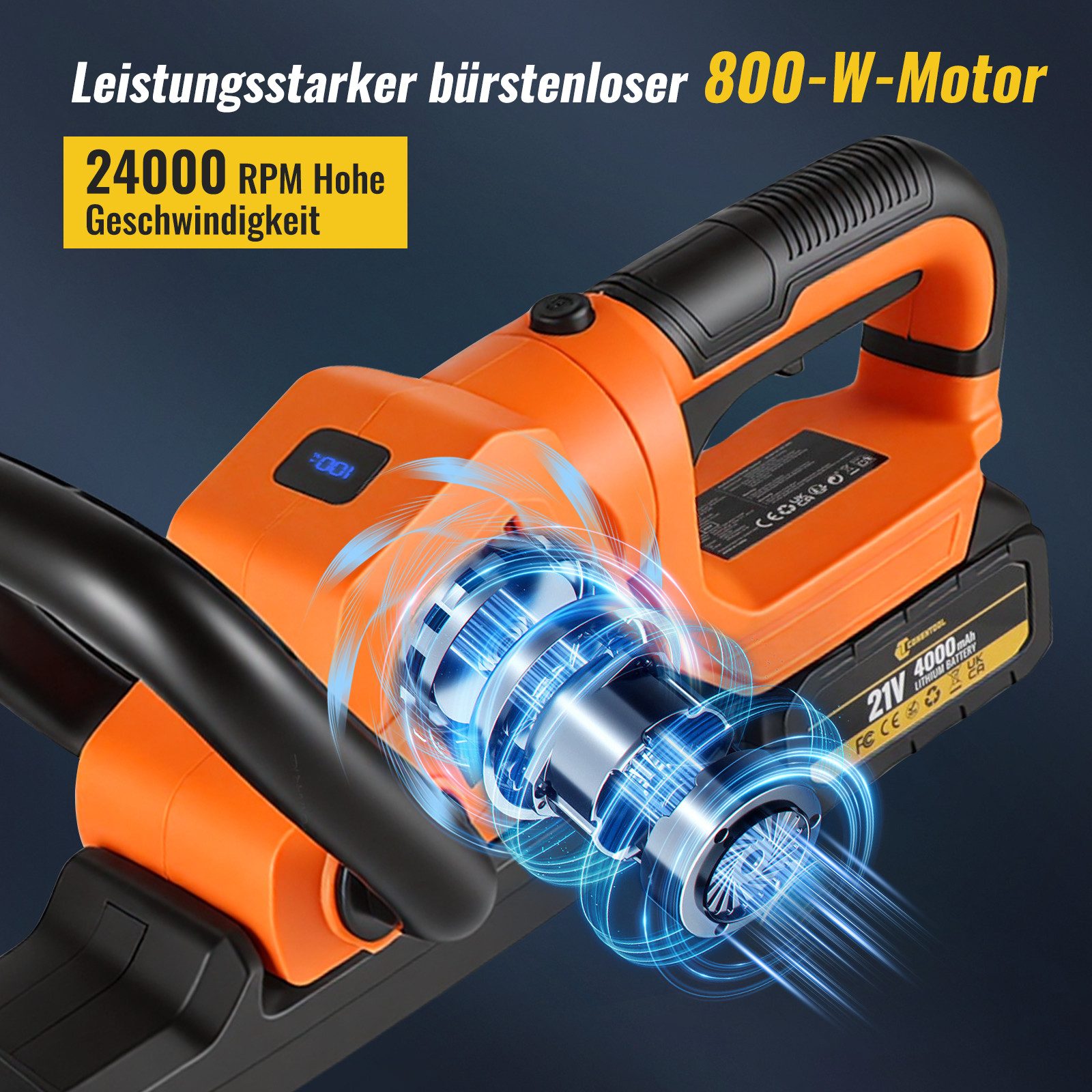 CONENTOOL Akku-Heckenschere 21V Bürstenloser Motor, 55 cm Schnittlänge, 2x 4,0Ah Akku, drehbarer Kopf, Heckenschneider